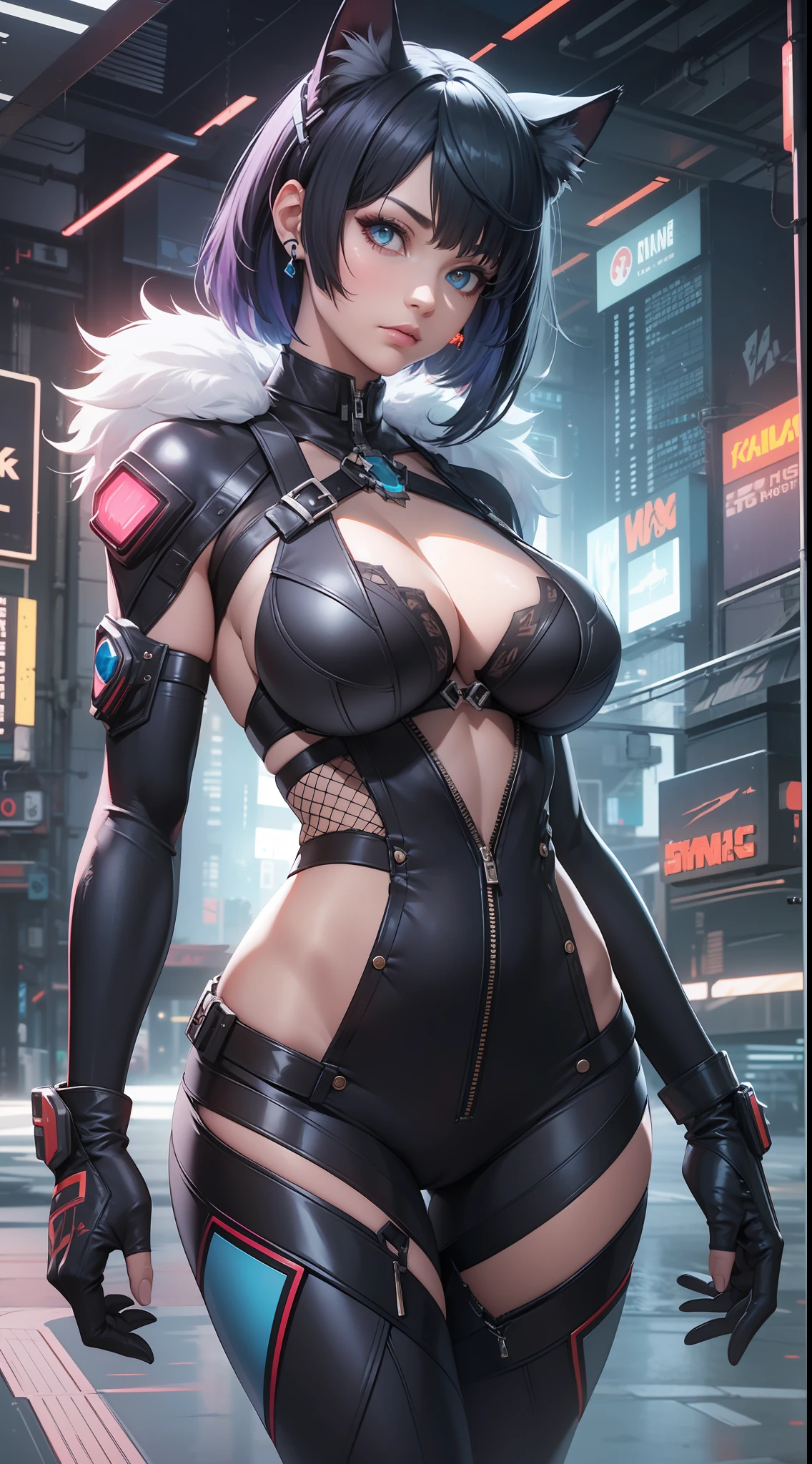 16K, RTX, HDR, unreal engine, octane render, absurdres, best quality, masterpiece, realistic, highly detailed, Beautiful, tall, cool, edgy, cyberpunk sexy cat girl, futuristic full body suit, form fitting, seductive, sensual, cleavage, bob hair, cat ears, professional make-up.