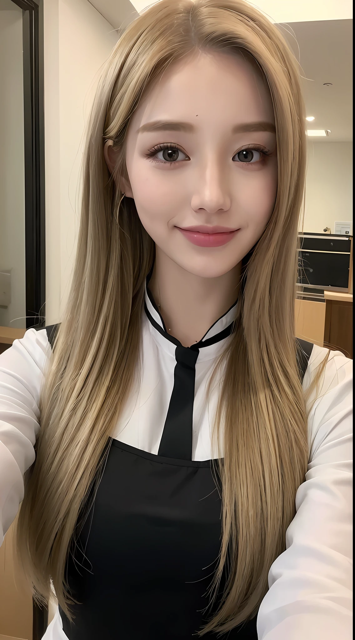 ((Best quality, 8K, Masterpiece :1.3)), 1girll, Pretty woman who emphasizes slender abs:1.3, (long whitr hair, huge tit:1.2), vests:1.2, Super detailed face, A detailed eye, 二重まぶた，ssmile，Home，