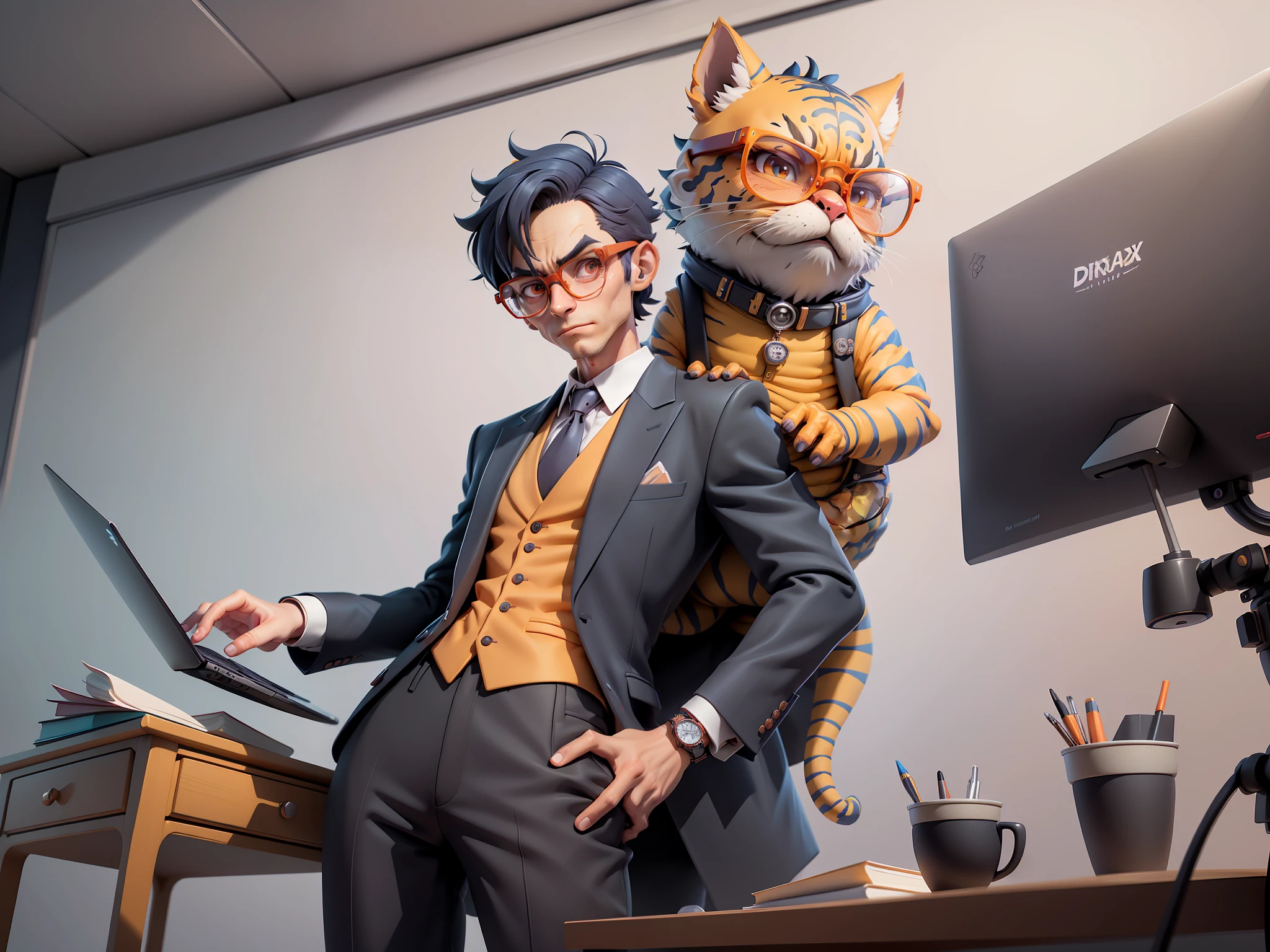 A young man in a suit and pants, Short hair and glasses sat at his desk，holding laptop，digitial painting，tigre，3D character design by Mark Clairen and Pixar and Hayao Miyazaki and Akira Toriyama，4K HD illustration，Very detailed facial features and cartoon-style visuals。
