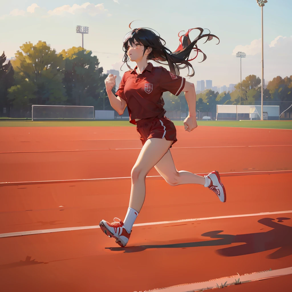 masterpiece、hightquality、vivd colour、(((Long Black Hair)))、(((red gym uniform))、(((Adults)))、(((athletic field)))、(((run)))