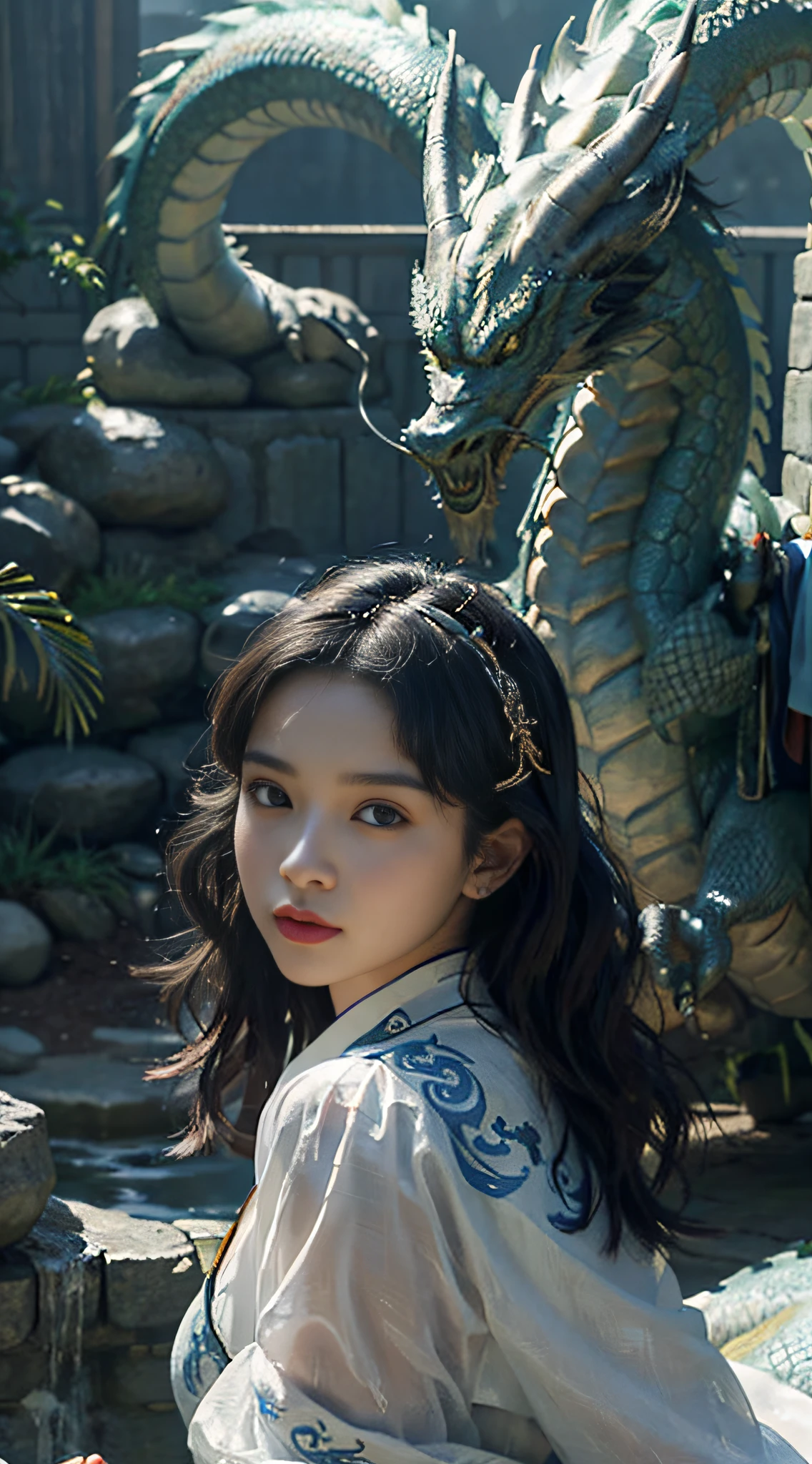 tmasterpiece,best qualtiy,realisticlying,photorealestic,The painting depicts a woman standing next to a dragon,The background is an incomparably vast starry sky,The whole painting uses cute and authentic portraits(Handsome realistic portrait style),And has dark blue eyes。Long hair fluttering and cute(Cute:2)。The whole painting shows excellent realism and detail(photorreal details),Light and shadow tracking,Rich in detail,Close-up of a woman in Han costume with a dragon,Portrait of a dragon girl,Dragon-inspired cloth robe,asiagirl,Long flowing black hair,Dragon girl,Dragon in the background,Golden dragon,Hanging ornaments,Chinese fantasy
