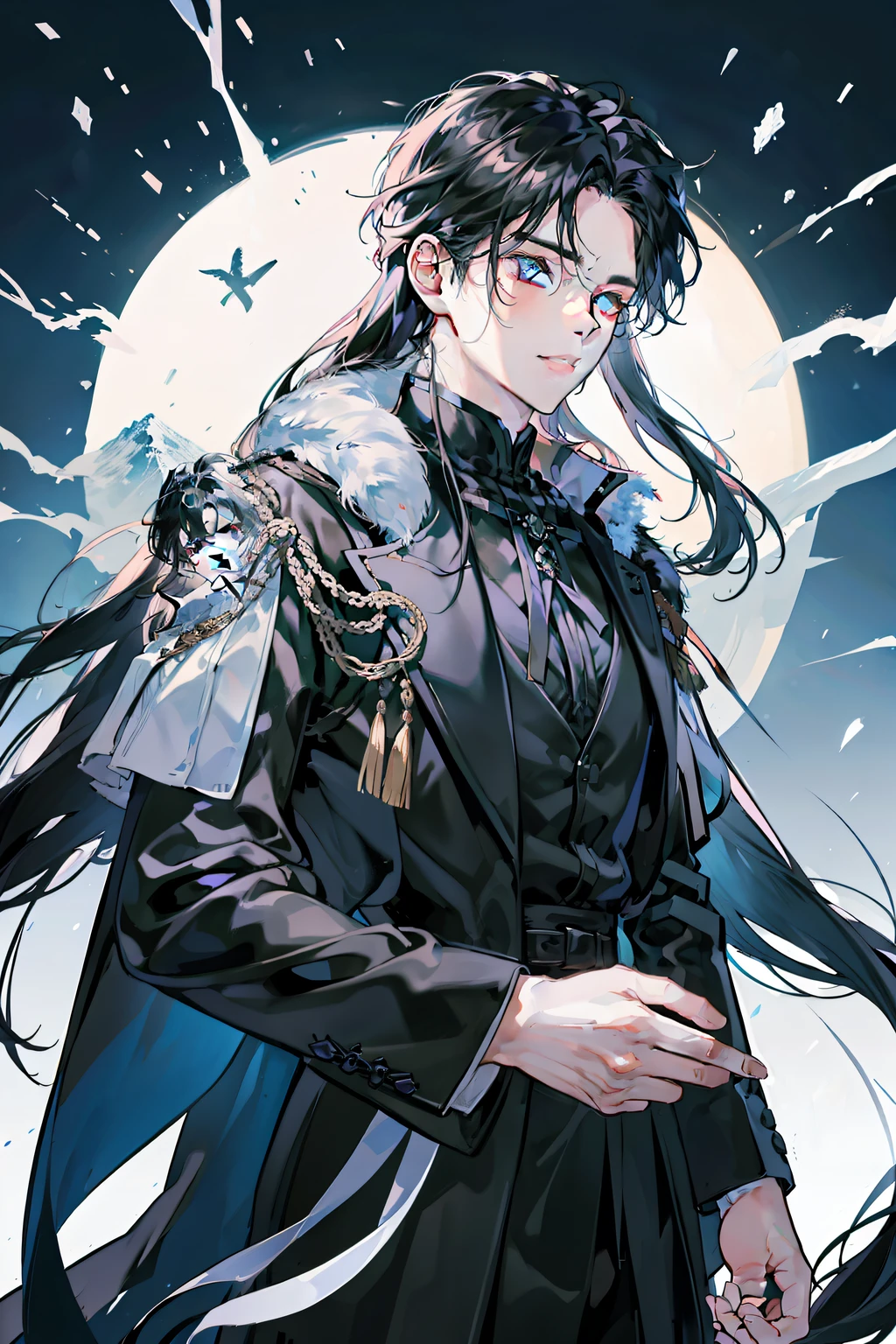 An antique man dressed in a dark black robe,Long hair like snow,The face is resolute and cold,The restrained temperament seems to be isolated from the world。Elegant and calm movements,Emotions are hidden,As cold and clear as a frozen snow-capped mountain,It is a unique scenery in the world of ancient style。