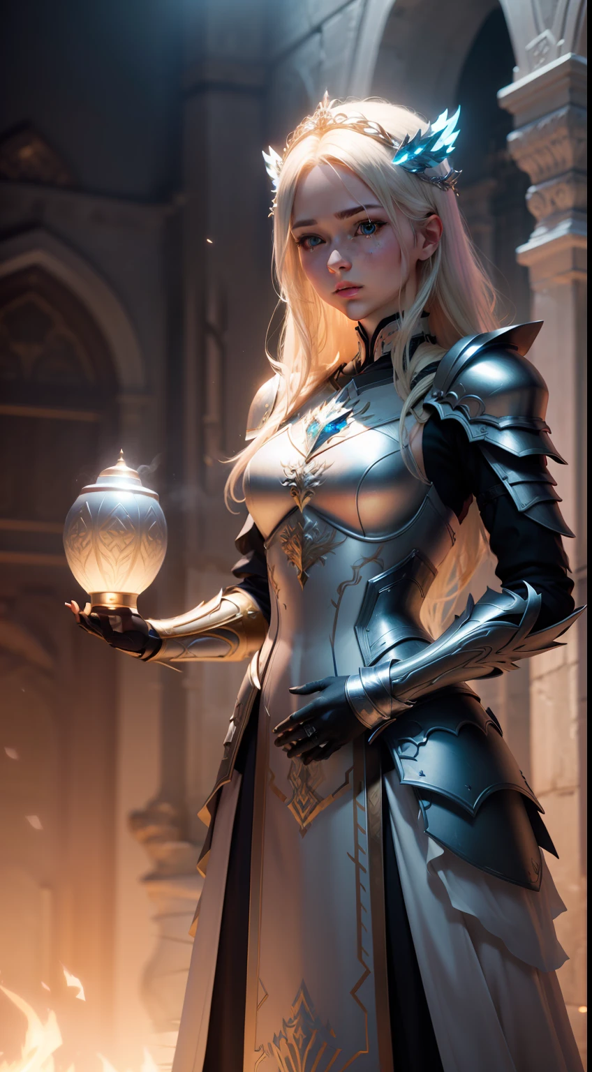 beautiful female wizard  blond hair, short beard, full body,
detailed whitish armor, intricshortate filigree metal design, magic
halo, studio light, opal, silk, mist, photorealistic, octane
render, unreal engine, hyper detailed, volumetric lighting,
romantic pastel colors, hdr, octane render, 4k, 8k --ar 2:3 --
video --testp