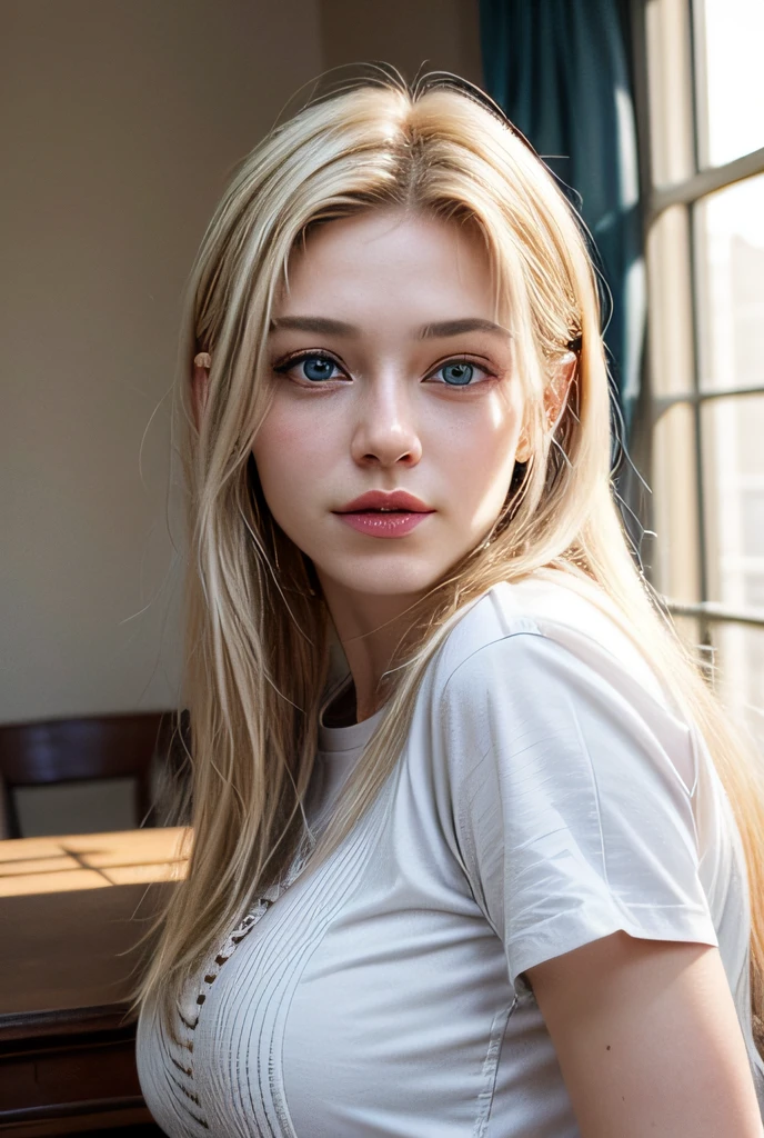 caucasian female, European, Blonde hair, Pretty face, Medium breast, White skin, Light from the side, Sitting, eBlue eyes, Smile, pretty shirt,
Check it out, Room, Beautiful décor,
Photorealistic, 超高分辨率, Realistic, realistic detail, nice light, Angular appearance,