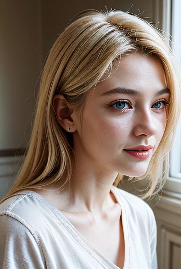 caucasian female, European, Blonde hair, Pretty face, Medium breast, White skin, Light from the side, Sitting, eBlue eyes, Smile, pretty shirt,
Check it out, Room, Beautiful décor,
Photorealistic, 超高分辨率, Realistic, realistic detail, nice light, Angular appearance,