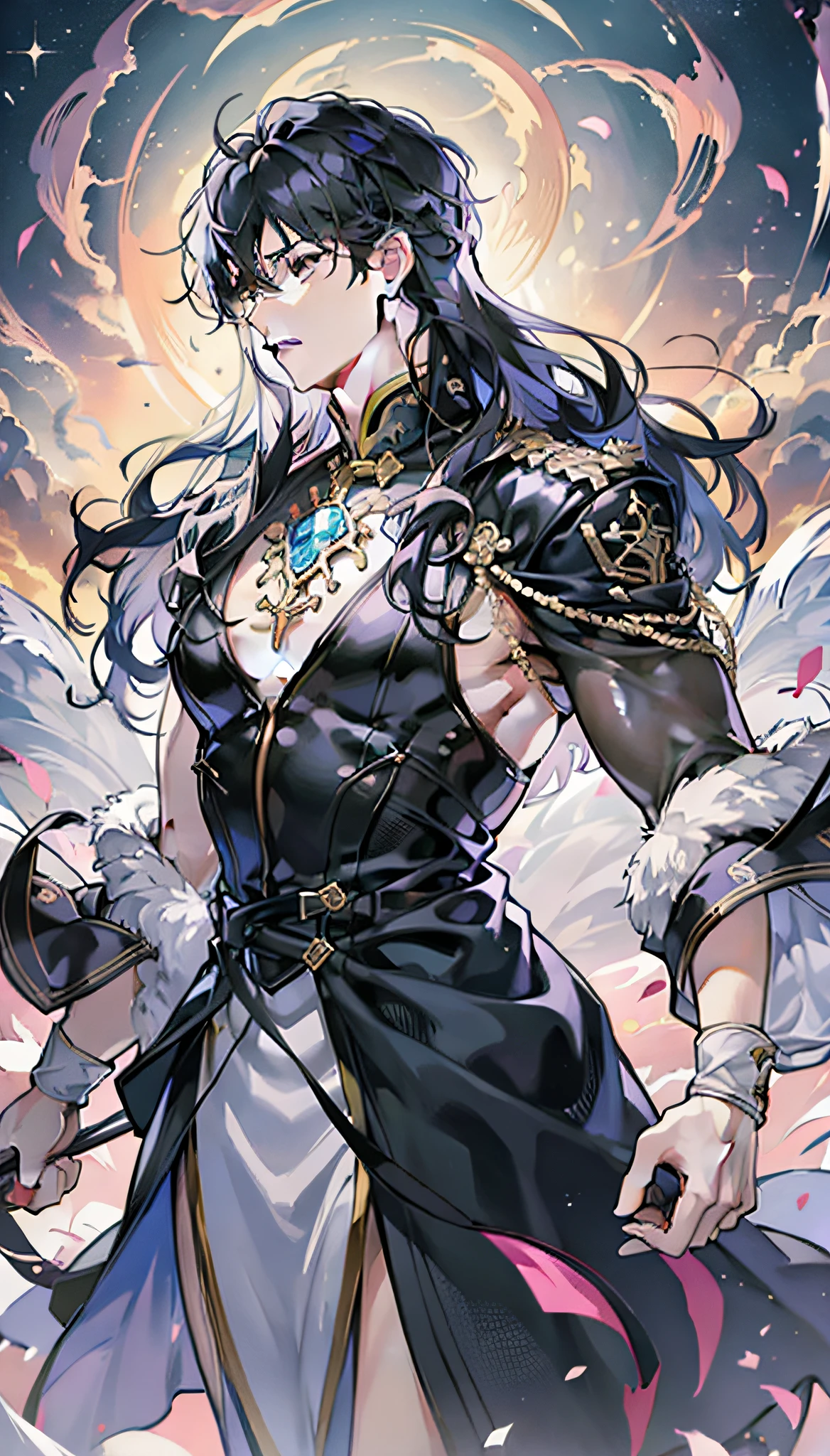 tmasterpiece、Need、1male people、AS-Adult、A MILF、Tall muscular man、dark themes、Magic Array、Buble、rainbow Sunlight、floating piece of Glass、Rainbow light、Bubble Swirling、Wind swirl、extreme light、Fantastic landscape, Starlight around the character, (The upper part of the body)