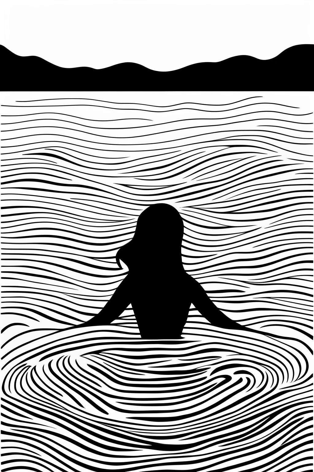 a black and white drawing of a woman bathing in the waves, vector line - art style, illustration black outlining, illustration line art style, thick vector line art, line art portrait, exquisite line art, line art illustration, in style of digital illustration, vector line art, outlined art, vector style drawing, bold line art, glowwave girl portrait, thin line art