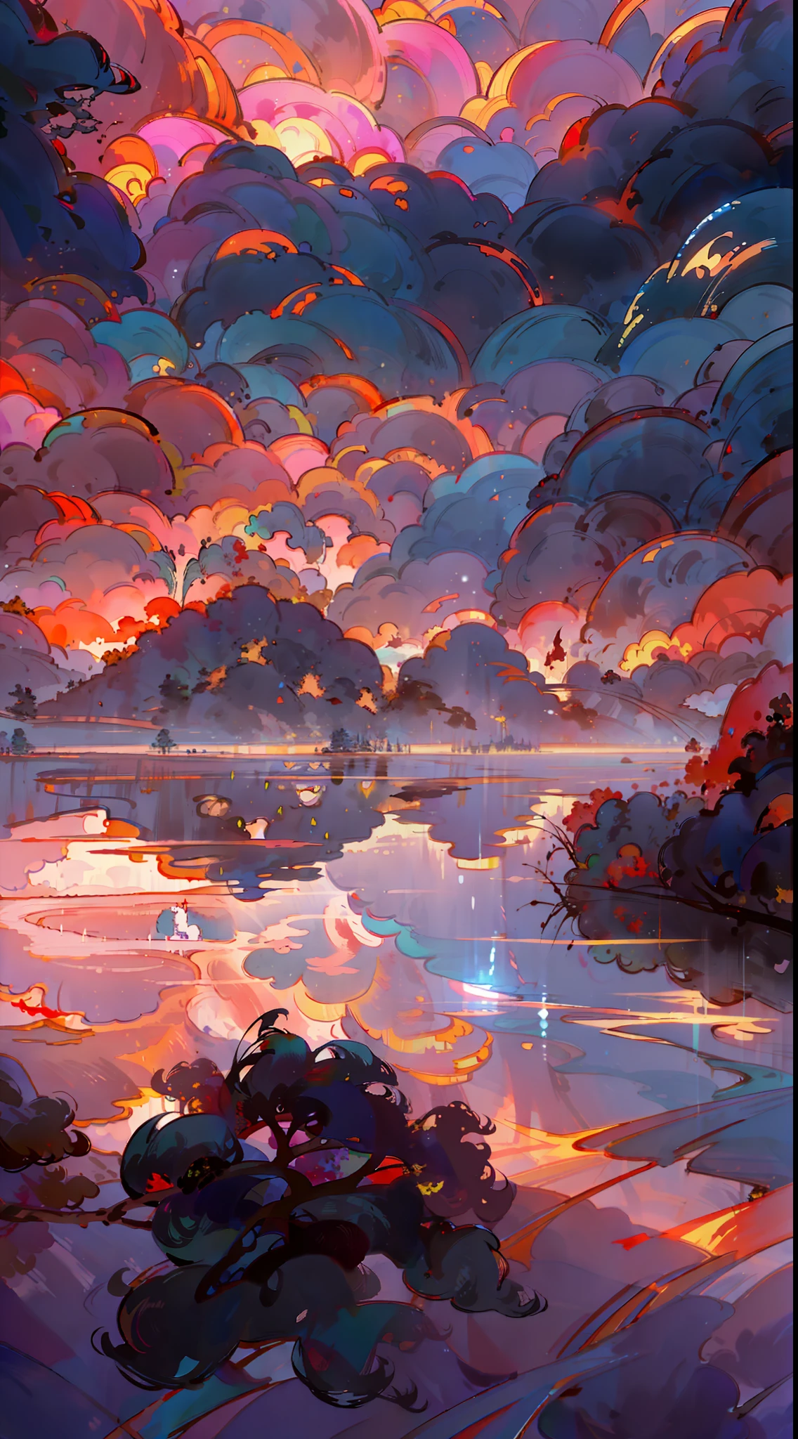 A surreal masterpiece,It presents a beautiful and spectacular view of dusk。Lakes and trees form the background,Accompanied by colorful sunsets and fantastic sky reflections。The beautiful sky blends in with the color of the lake,It's like a flame。This 8K picture creates a fantastic atmosphere,Colorful clouds are suspended in it,Create surreal visual experiences,Ultra-clear 8K,Hyper-detailing