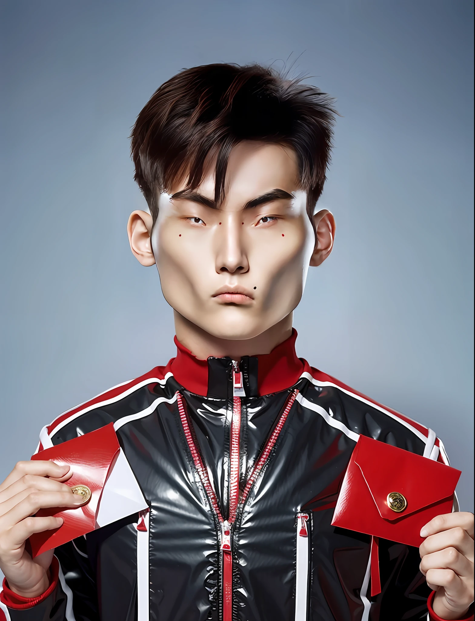 a high school boy,Wear PVC red envelope competition costume,There are zippers,greybackground