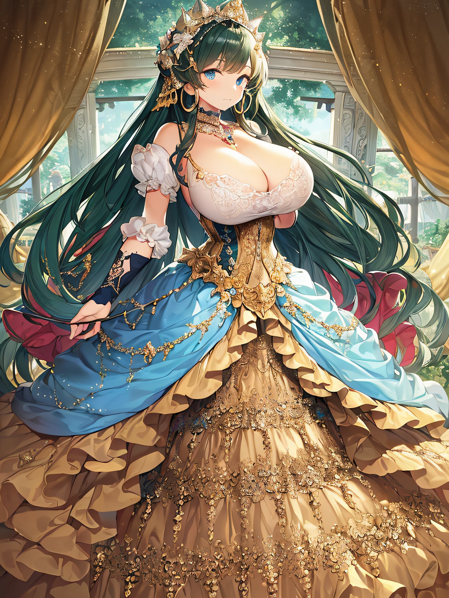 ((anime artstyle)),(Masterpiece),(Best Quality), (Super Detail),((Very Delicate and Beautiful)),((Solo)),((full body)),((1 princess in gorgeousfull rococo dress)),detailed face and eyes,jewel-like eyes,((voluminous Very Long Straight Hair)),((gigantic tits,Long tits)),curvy,skindentation,((gorgeousfull embroidery and lace)),gorgeous corsage,See-through,gorgeousfull hair ornament,gorgeousfull glitter jeweled tiara,ornate ruffles,((full body)),((hoop skirt,crinoline)),Dynamic Angle,Looking at viewer,(((gorgeous embroidery gorgeousfull rococo dress)),full body