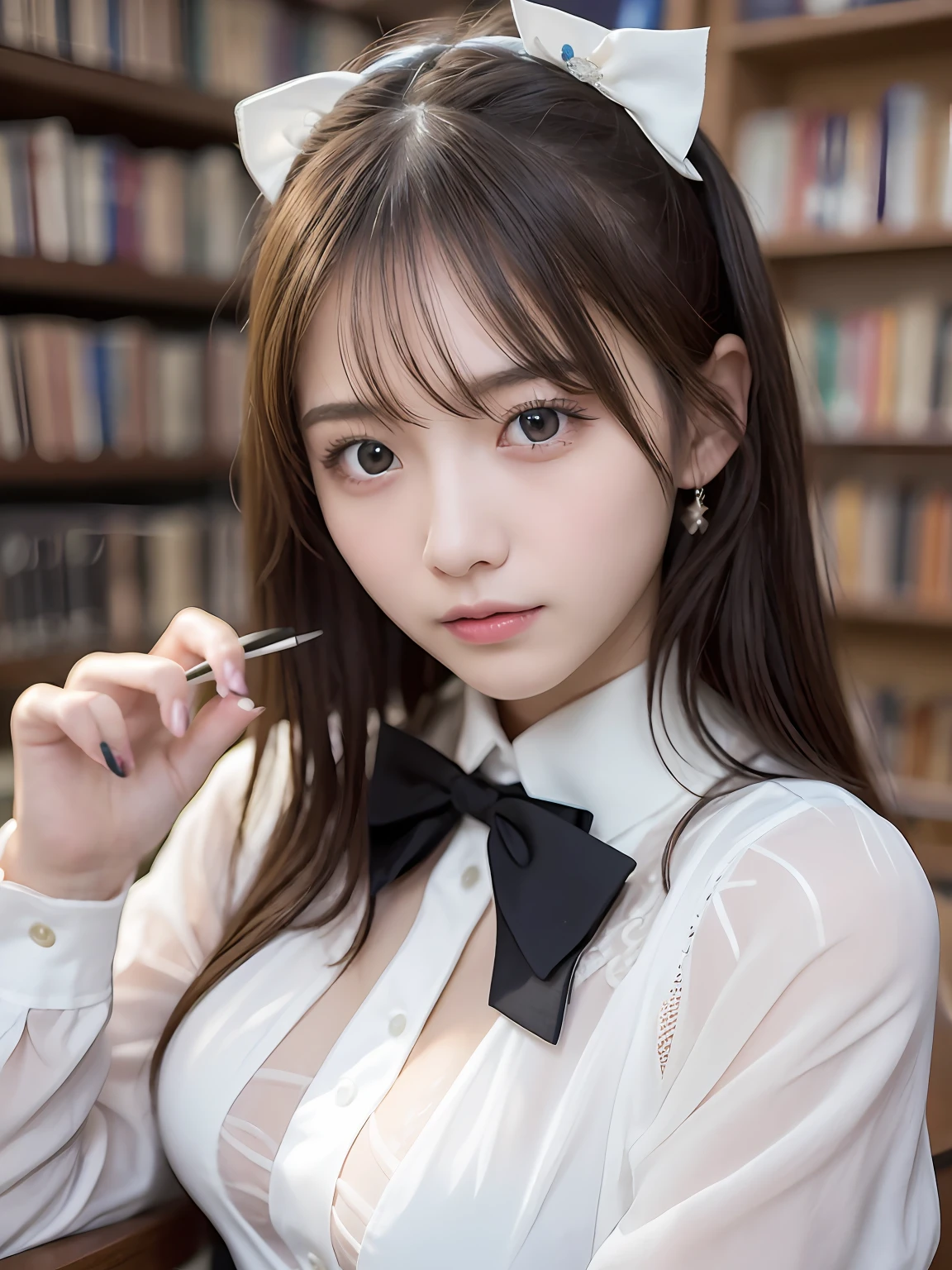 Masterpiece, Best quality, high resolution, extremely detailed photography, Professional lighting,
a woman in a school uniform posing for a picture, Realistic young gravure idol, she is about 16 years old, White blouse, streaming on twitch, Beautiful adult library fairy, gogo dancer, suki, big collar, beutifull, In a library, ayne haag, So cute, kawaii, tmasterpiece, best qualtiy, RAW photogr, realisticlying, the face, Incredibly Ridiculous res, beuaty girl, depth of fields, A high resolution, ultra - detailed, finedetail, The is very detailed, Extremely detailed eyes and face, Sharp pupils, realistic pupil, tack sharp focus, cinmatic lighting