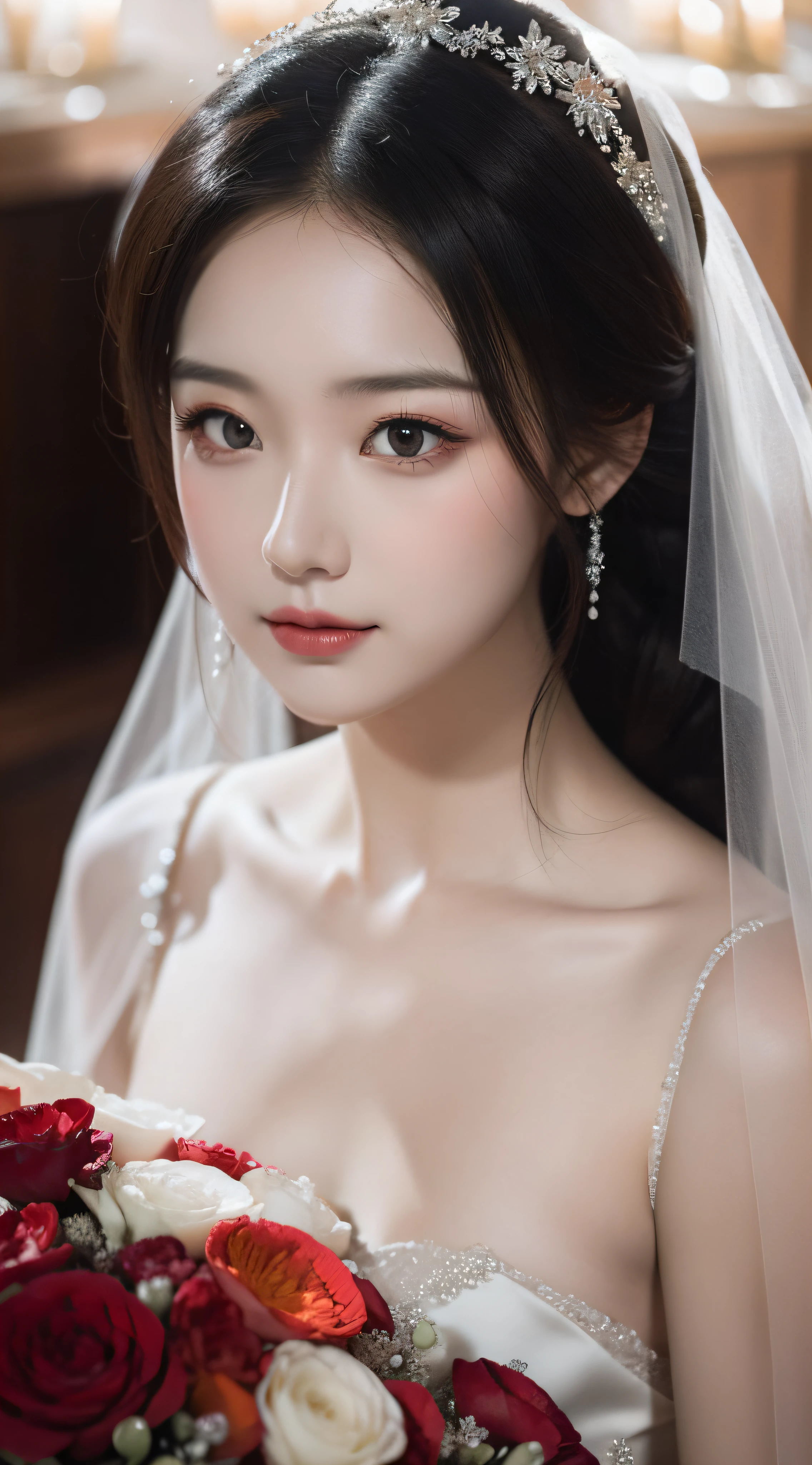 Beautiful bride, red wedding dress, delicate facial features close-up, shy, waiting to be married, fat body, full body photo, gentle eyes, no eye bags, light makeup