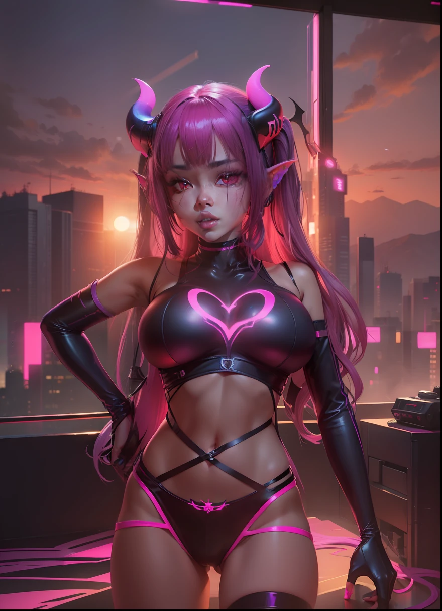 1 girl, succubus, dark colors, dark pink colors, dark pink, character design, golden hour, realistic art, blue violet, fluorescent colors, hot pink, neon orange, neon pink --niji --q 0.25