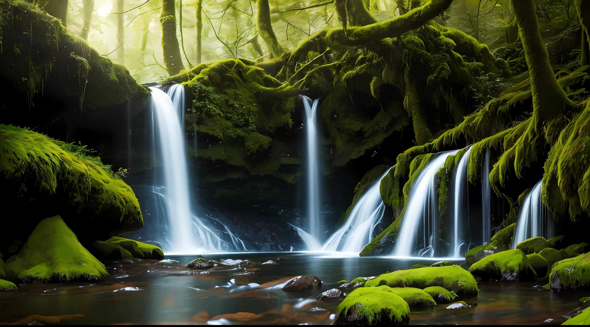 A hidden waterfall cascades down moss-covered cliffs in a secluded forest, capturing the essence of Ireland's rugged and magical wilderness. [Secluded, Waterfalls, Forested, Serene, Enigmatic], [Adventure Camera], [Macro Lens], [Late Afternoon], [50mm], [Hidden Gems of Eire], [by Aiden Murphy] –ar 3:1 --auto