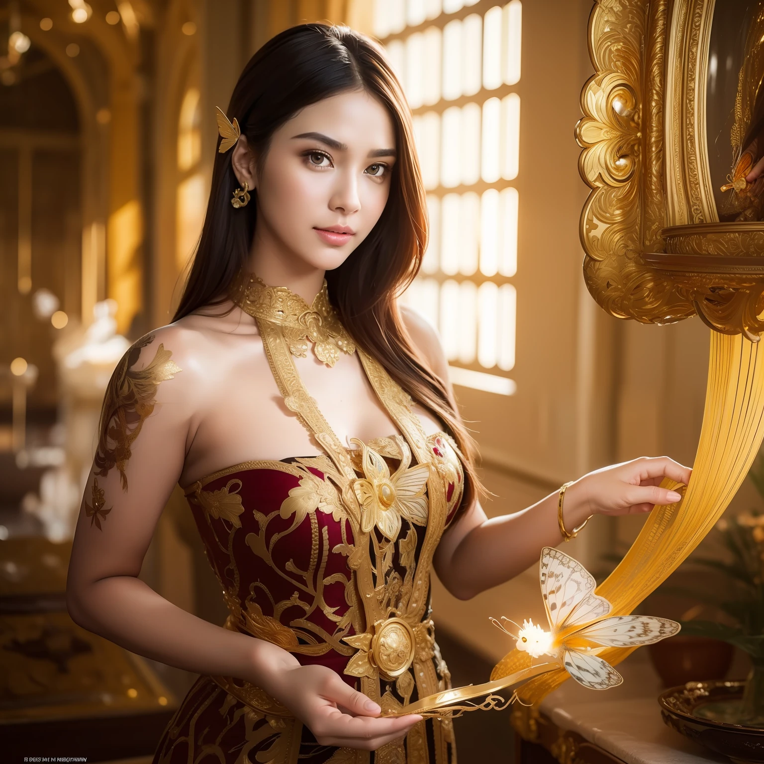 8k portrait of beautiful cyborg with brown hair, intricate, elegant, highly detailed, majestic, digital photography, art by artgerm and ruan jia and greg rutkowski surreal painting gold butterfly filigree, broken glass, (masterpiece, sidelighting, finely detailed beautiful eyes: 1.2), hdr,