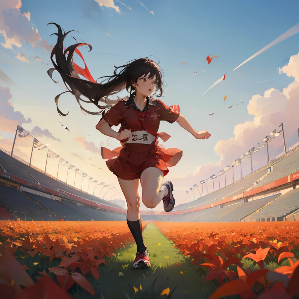 masterpiece、hightquality、vivd colour、(((Long Black Hair)))、(((red gym uniform))、(((Adults)))、(((athletic field)))、(((run)))