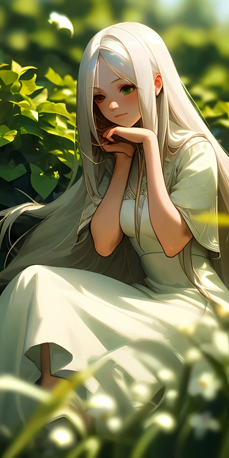 (masterpiece, best quality),1girl with long white hair sitting in a field of green plants and flowers, her hand under her chin, warm lighting, white dress, blurry foreground