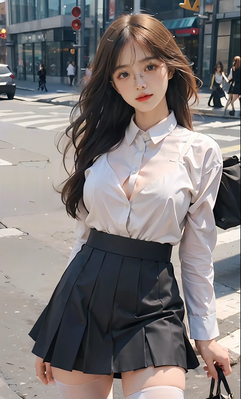 ulzzang-6500-v1.1, (raw photo:1.2), (photorealistic:1.4), beautiful detailed girl, very detailed eyes and face, beautiful detailed eyes, ridiculous, incredibly ridiculous, huge file size, super detailed, high resolution, very detailed, best quality, masterpiece, ((fashion clothing with diverse colors)), illustration, very detailed, CG, unified, 8k wallpaper, amazing, fine detail, masterpiece ,best quality, very detailed CG uniform 8k wallpaper, light on face, movie lighting, 1girl, , long white hair, side splits, (big breasts), (no panties)), (glasses), ((dynamic pose))), ((sexy pose))), (camel toe), (half), (pantyhose)), ((black hip skirt))