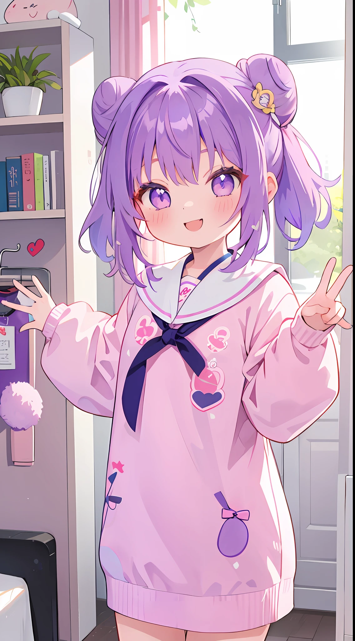 One girl、inside in room、delighted、Purple hair、cute little、Bun hair、Twin-tailed、Double knot、sano、laugh、a smile、​masterpiece