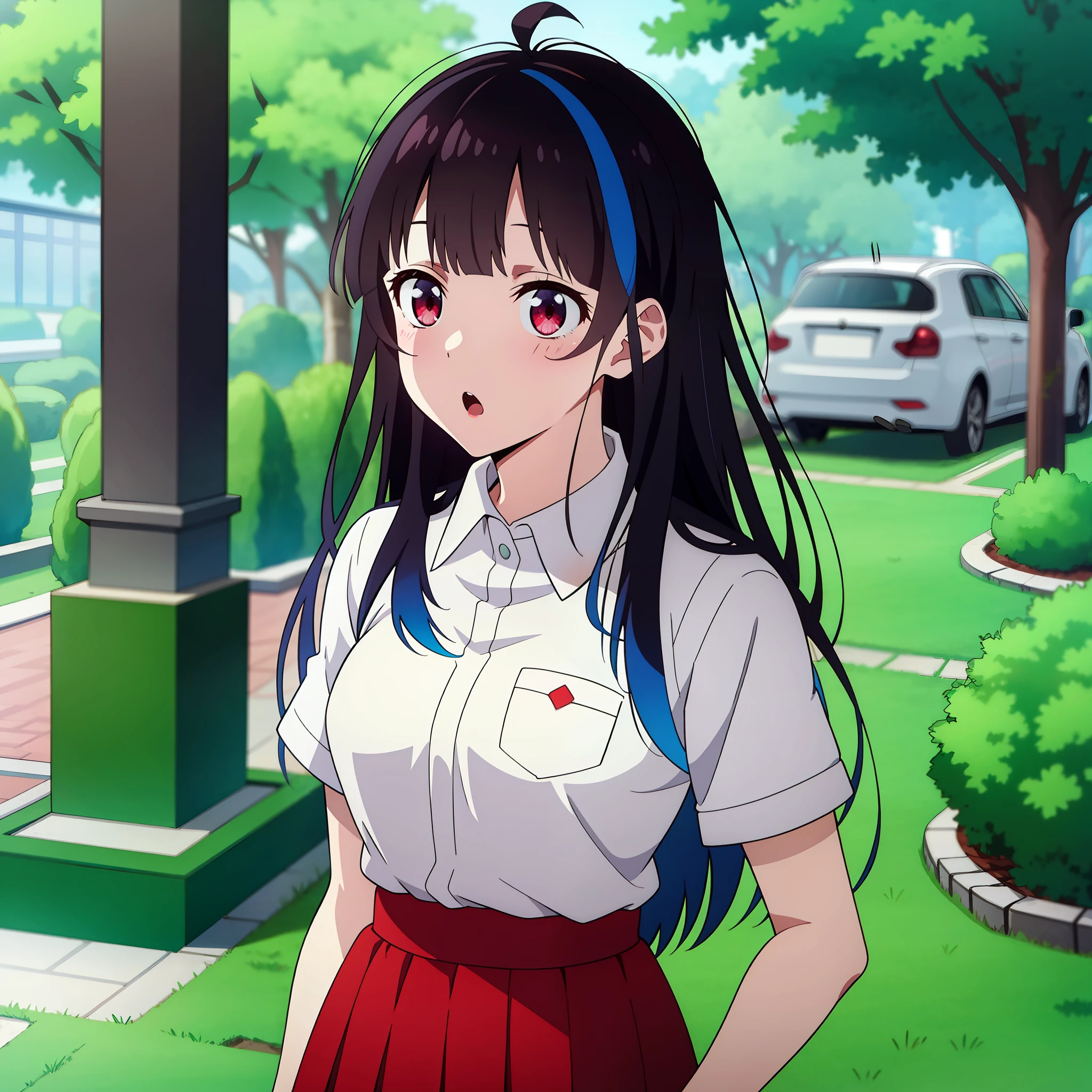 masterpiece, perfect lighting, (beautiful, best quality:1.3), perfect eyes, absurdres, 8k, 1girl, solo, (absurdres), finely detail, , open mouth, :o, mini_yaemori, long hair, (red eyes:1.2), [black hair: blue eyes, :0.4], multicolored hair, blue hair, bangs, skirt, shirt, holding, standing, white shirt, short sleeves, pleated skirt, collared shirt, red skirt, outdoors, day,