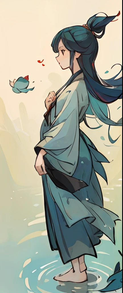 ((4k,masterpiece,best quality)), shuimobysim, traditional chinese ink painting, lotus, hanfu, maxiskit, dress conservatively 1girl, solo, long blue hair, smile, standing, feet in the water, barefoot,