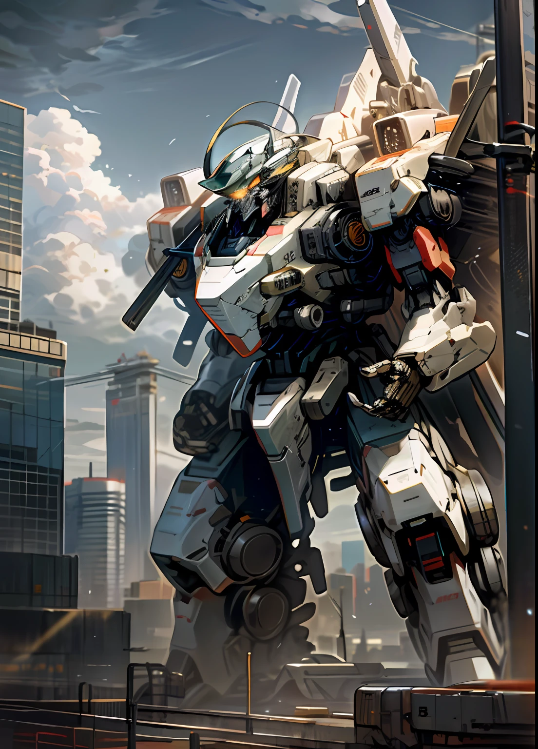 sky, cloud, holding_weapon, no_humans, glowing, , robot, building, glowing_eyes, mecha, science_fiction, city, realistic,mecha