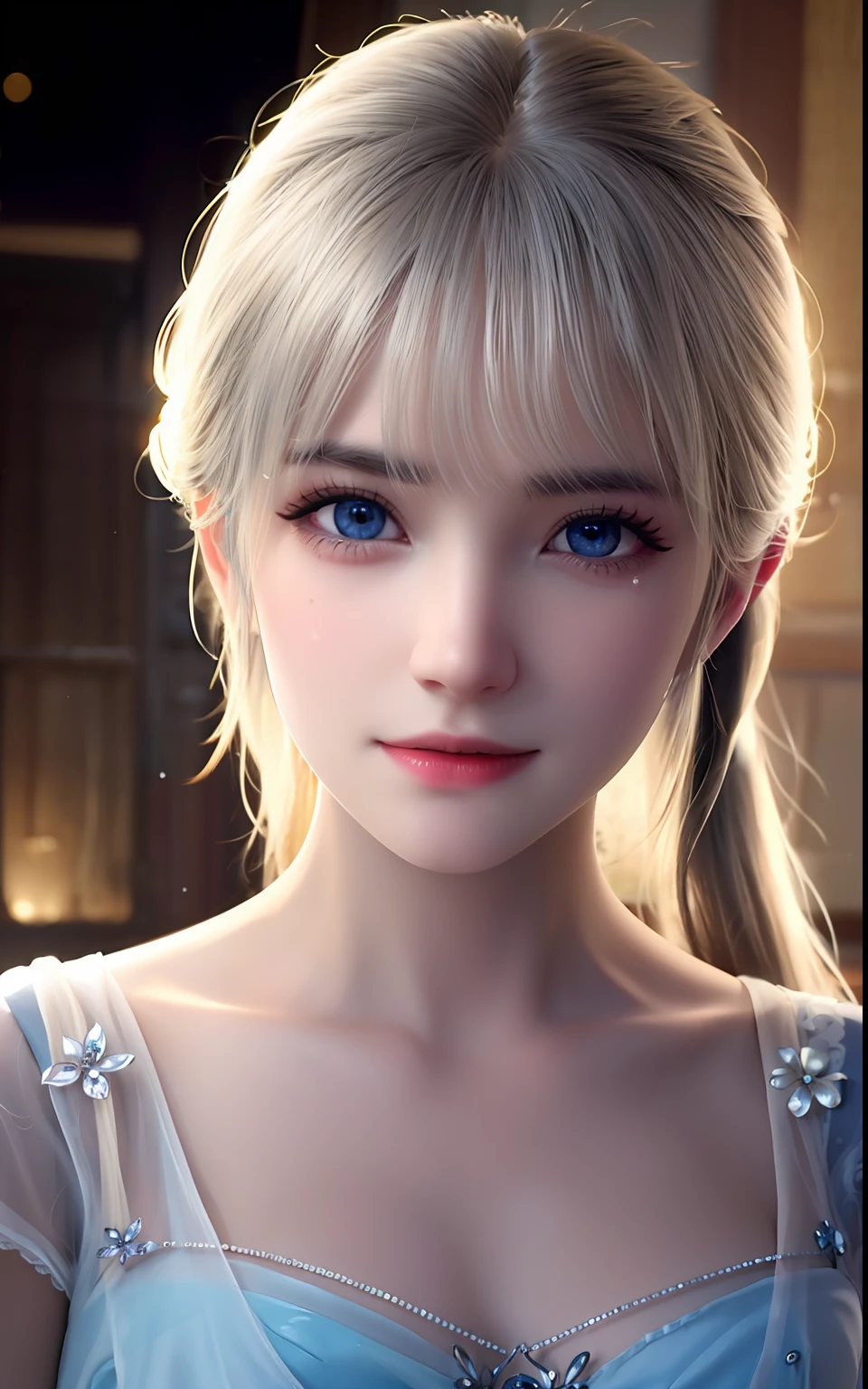 animesque、One Person18Beautiful woman of age、Moist eyes like clear glass、Beautiful detailed woman, extremely detailed eye and face, Beautiful detailed eyes, Moisturized eyes、ciri、a picture、androgynous hunnuman、oval jaw、Delicate features、Beautiful expression、The hair、Long bangs、long pony tail、Blue eyes with a beautiful glow、LDS Art