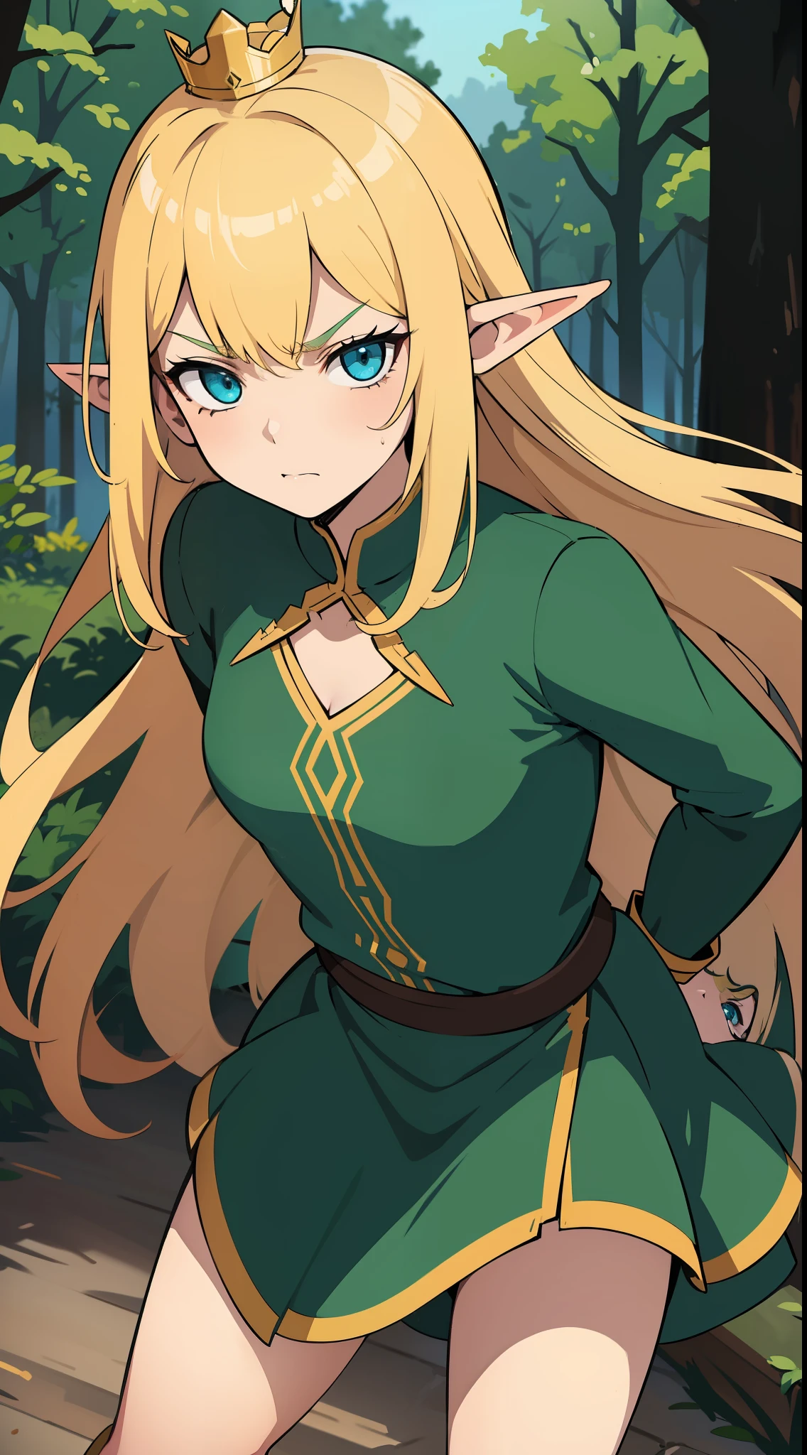 (One Elven Princess) aged, courageous, Cruel, blonde hair, in a fighting posture. A contemptuous face, evil face, Green clothes. Cyan eyes, a small crown on the head. in front of a forest background