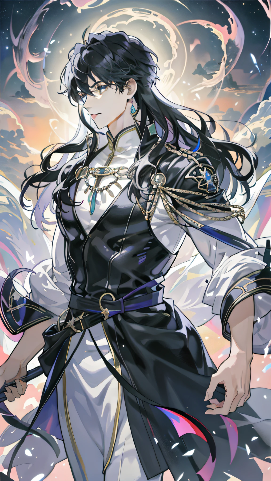 tmasterpiece、Need、1male people、AS-Adult、A MILF、Tall muscular man、dark themes、Magic Array、Buble、rainbow Sunlight、floating piece of Glass、Rainbow light、Bubble Swirling、Wind swirl、extreme light、Fantastic landscape, Starlight around the character, (The upper part of the body)