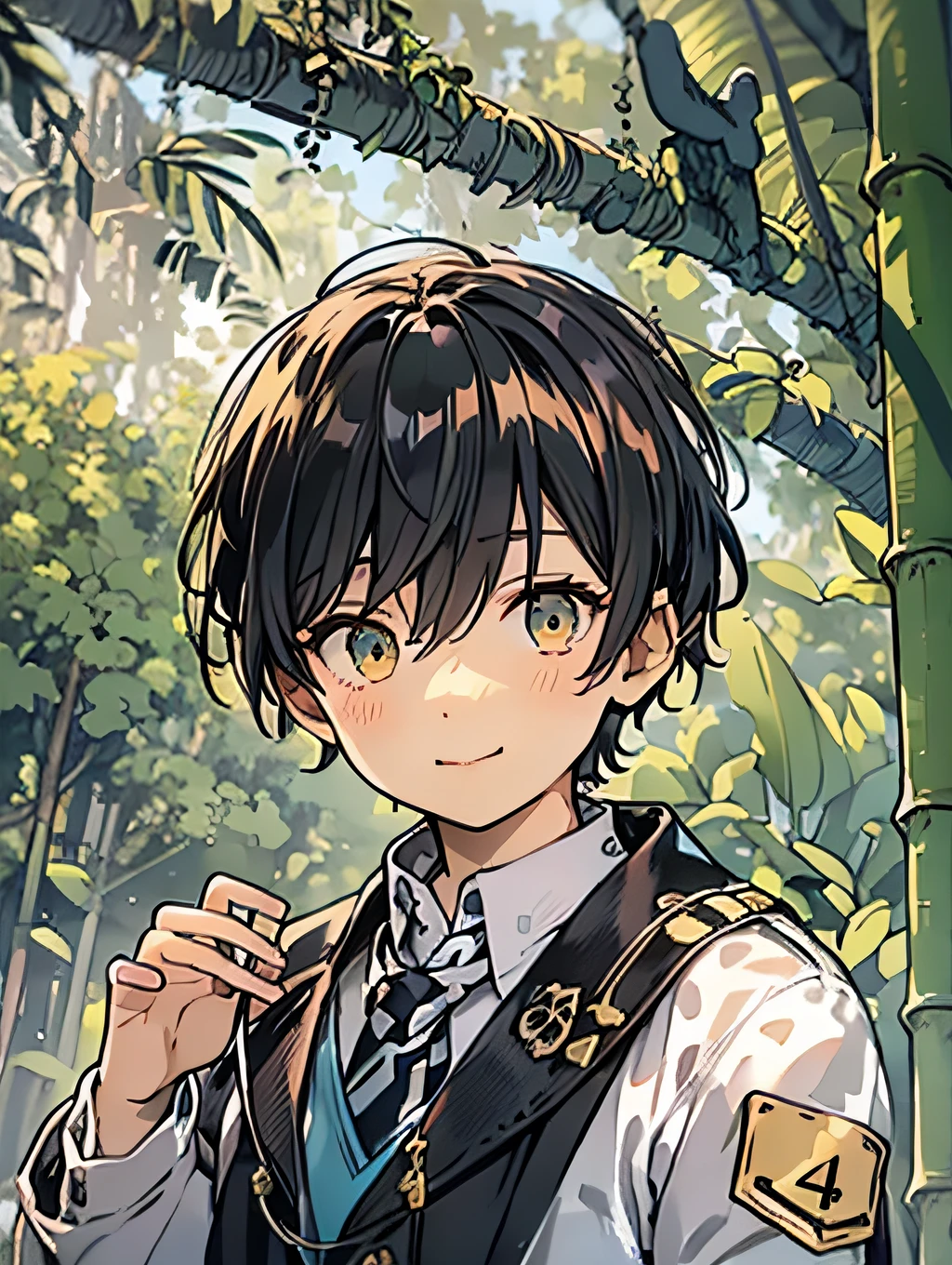 composition seen from below、Aori composition、Propose a very attractive design、1boys、独奏、Solo composition、profile、Facing to the side、modern、Boy in pants、Modern Japan Male Student、Boy in school uniform、All black uniforms、14-year-old boy、Boy with short hair、Katsushika Hokusai-kaze、Natural color design、Bold and beautiful plant design、Bamboo motifs、Long stretched bamboo design、Bamboo forest background、Detailed diagram of the pattern、With the highest quality、Masterpiece、hight resolution、Artistic style、Postcard Design、Balanced design、Attractive composition、Emotional Art、Beautiful light production、Aerial perspective、japanese aesthetic、4K resolution、Gorgeous background art、Attributes of boys(a smile、Hanging eyes、student clothes、long trousers、slacks、gakuran、tight collar、Black School Uniform、Black stuffed collar jacket、Jacket with golden buttons、school uniform、military uniform、male people、Little Boy、Bullish personality、Dignified、Strong-willed eyes、Beautiful Boys、nobility、A dark-haired、straight haired、short-hair、Natural hairstyle、Honor Students、Good impression)