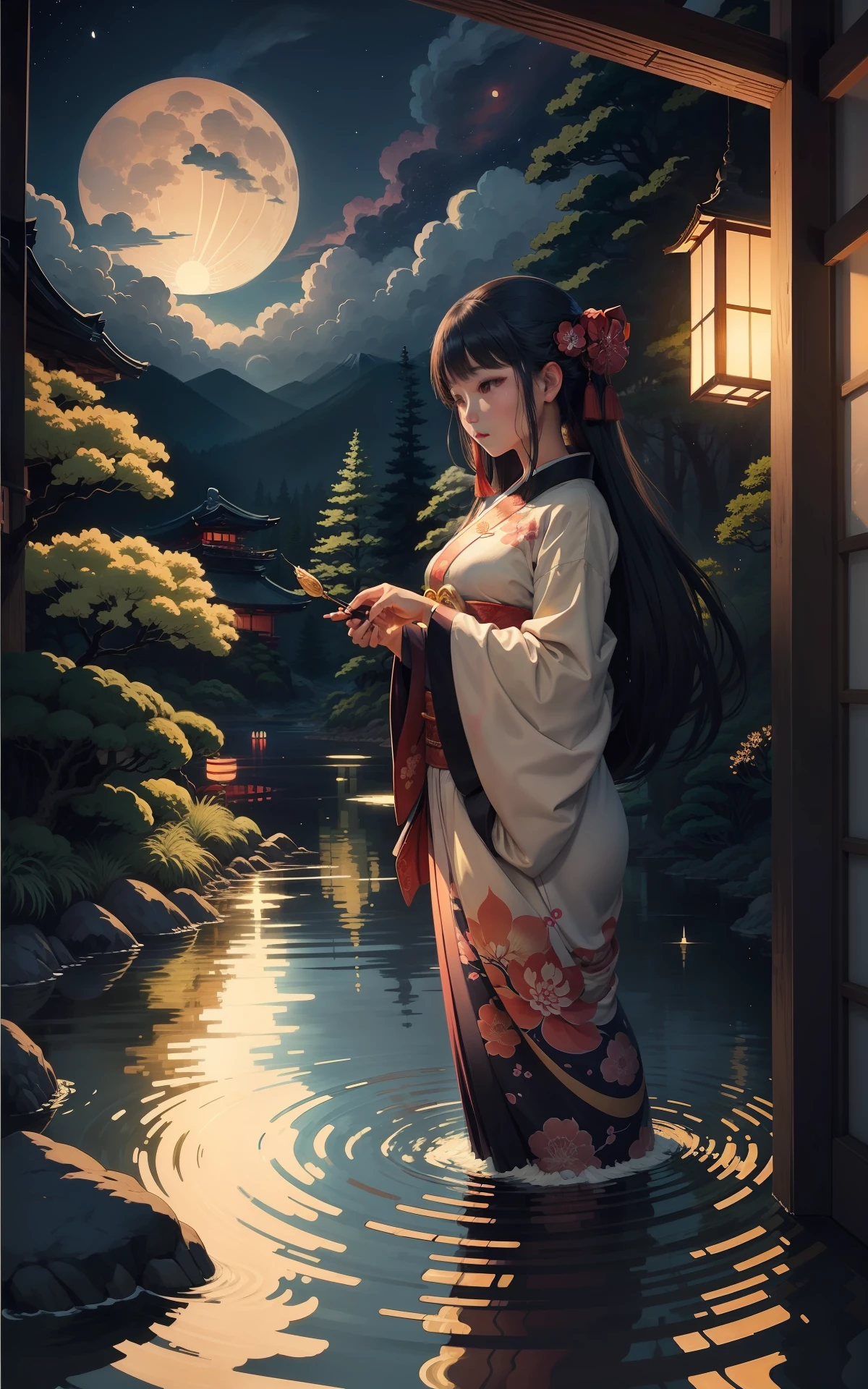 ukiyoe painting、Beauty in Japanese clothes、flowingwater、Flowing clouds、Shining golden moon、Pine forest、vivid color、dark night