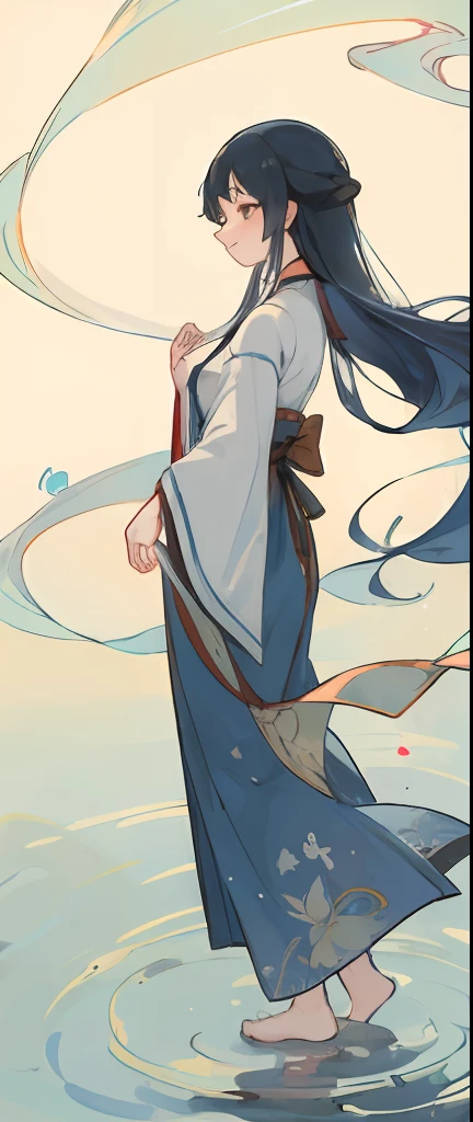 ((4k,masterpiece,best quality)), shuimobysim, traditional chinese ink painting, lotus, hanfu, maxiskit, dress conservatively 1girl, solo, long blue hair, smile, standing, feet in the water, barefoot,