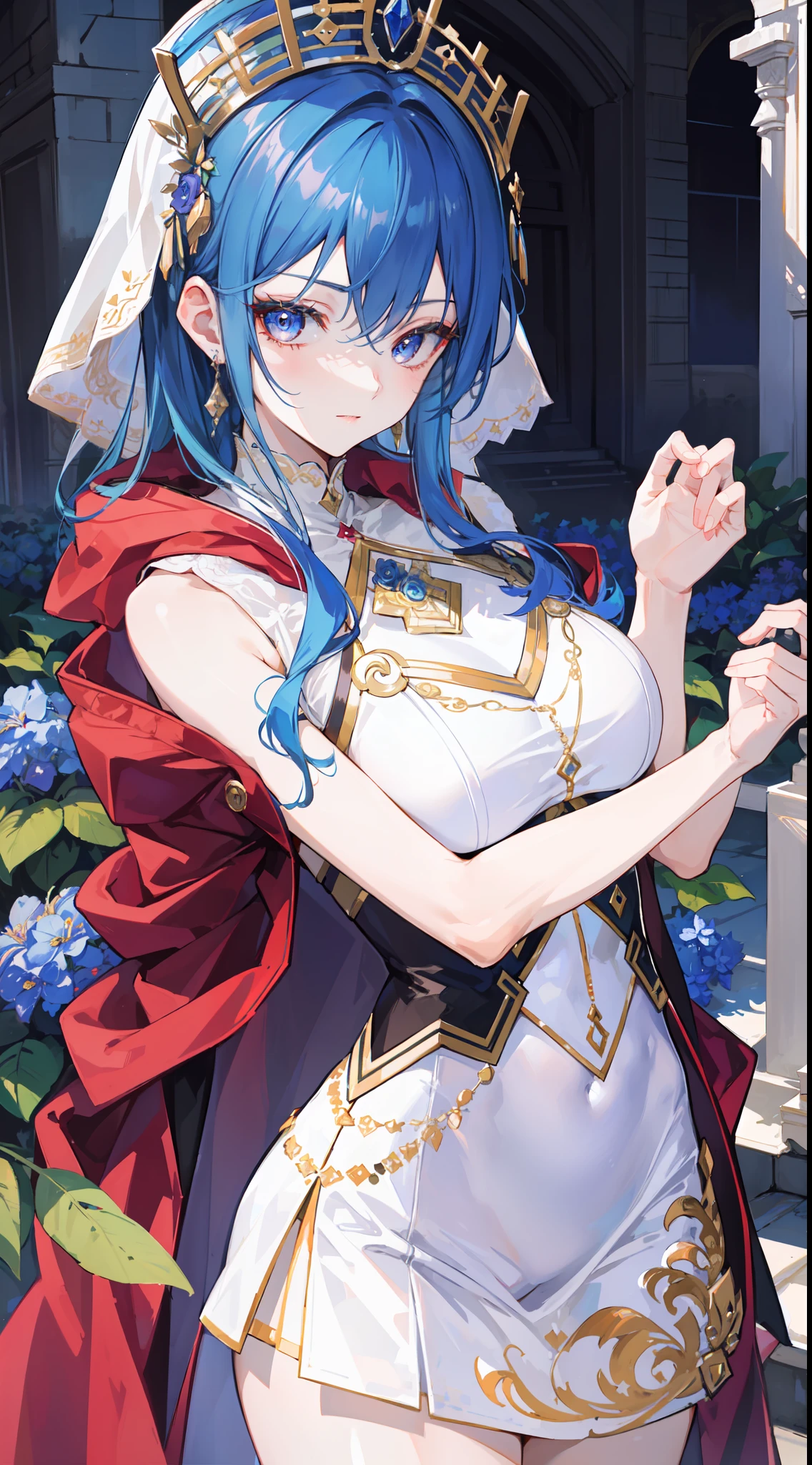 "Epic palace daylight atmosphere, stunning 4k artwork showcasing an elegant girl with her light-blue hair flowing. Her deep purple eyes pierce through the scene as she gracefully dons a white Saintess cloak and hood in the midst of the vast palace. She have blue flowers in her head"