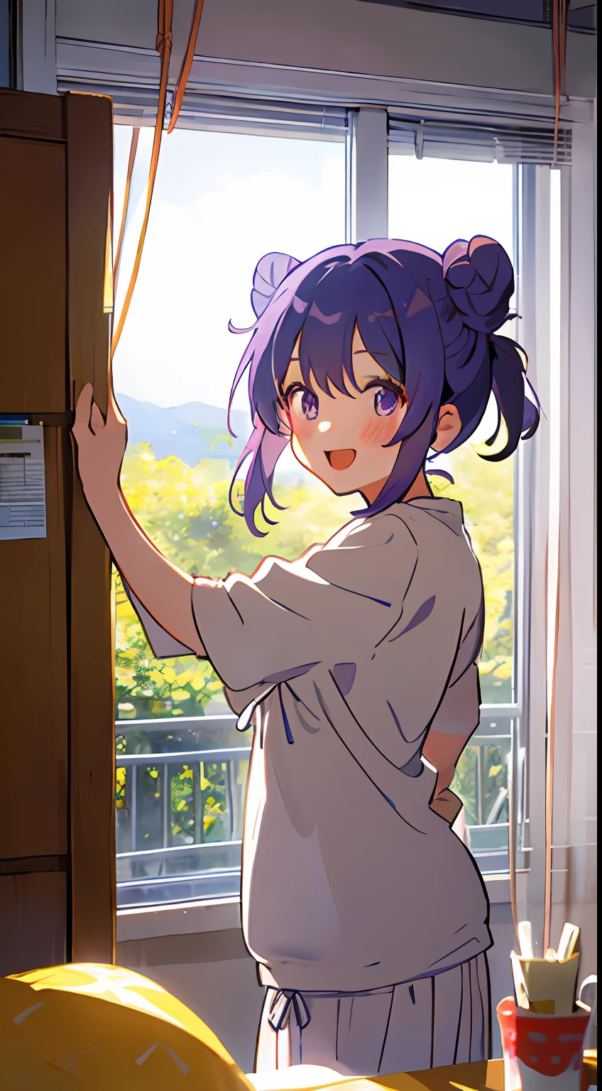 One girl、inside in room、delighted、Purple hair、cute little、Bun hair、Twin-tailed、Double knot、sano、laugh、a smile、​masterpiece