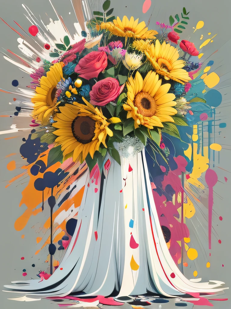 vector art, Colorful graffiti illustration, Wedding bouquet, in the center, Bright colors, paint splashes and blots, high detail, whitebackground