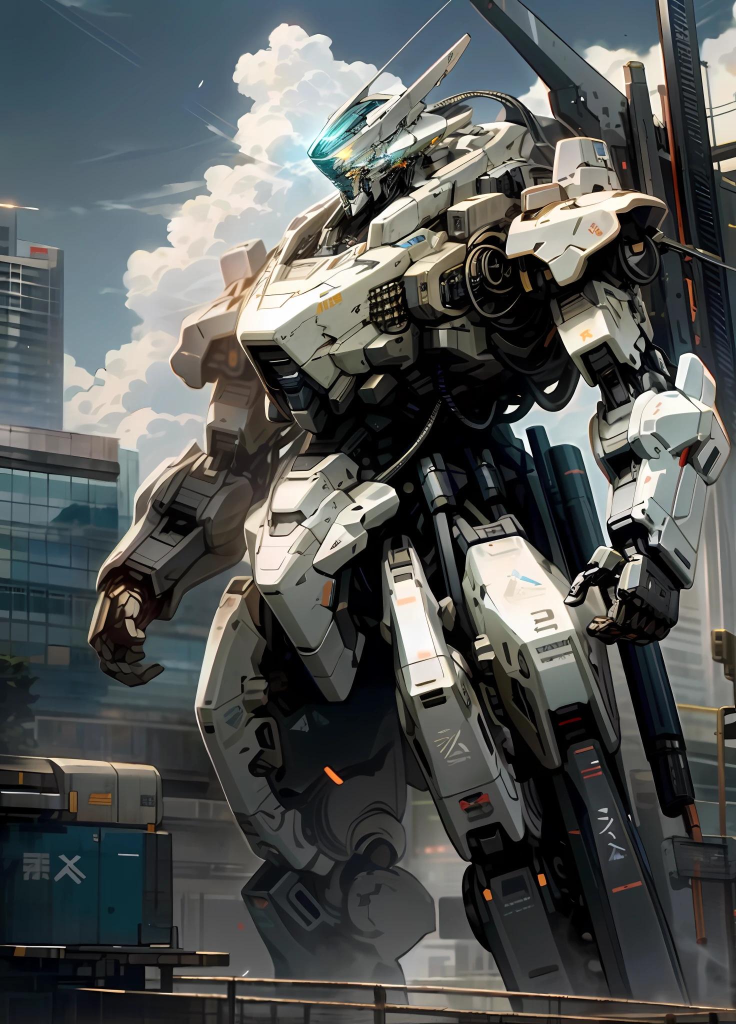 sky, cloud, holding_weapon, no_humans, glowing, , robot, building, glowing_eyes, mecha, science_fiction, city, realistic,mecha