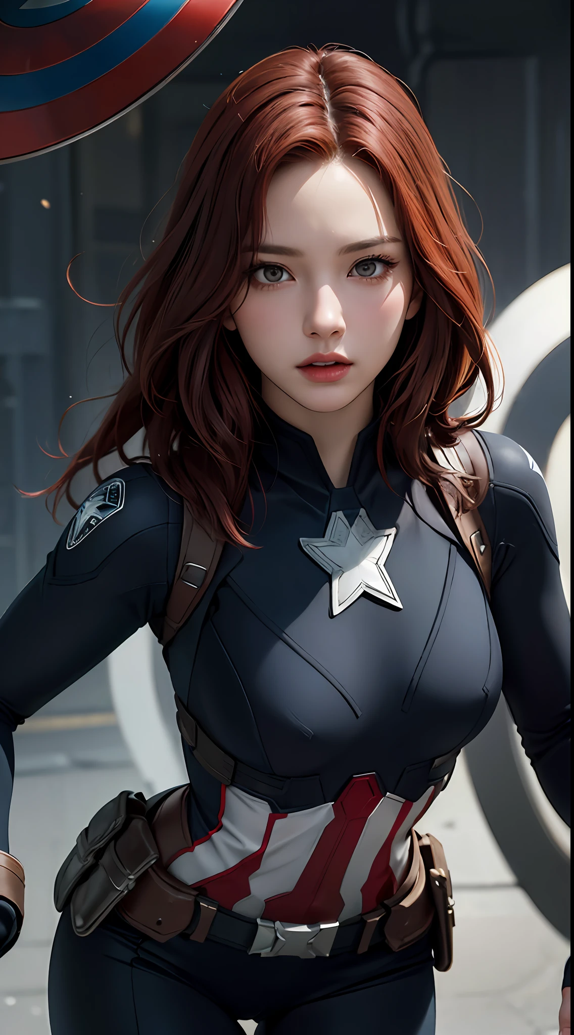 1girl, masterpiece, best quality, 8k, detailed skin texture, detailed cloth texture, beautiful detailed face, intricate details, ultra detailed, Black Widow in the style of the Captain America, straight red hair, dynamic pose