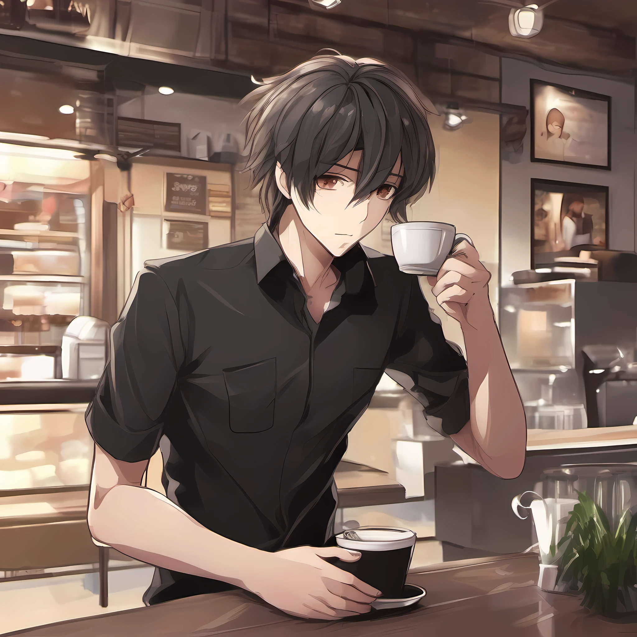 Black shirt man, Inside the coffee shop, holding coffee，brunette color hair，style of anime，High Picture Quality。