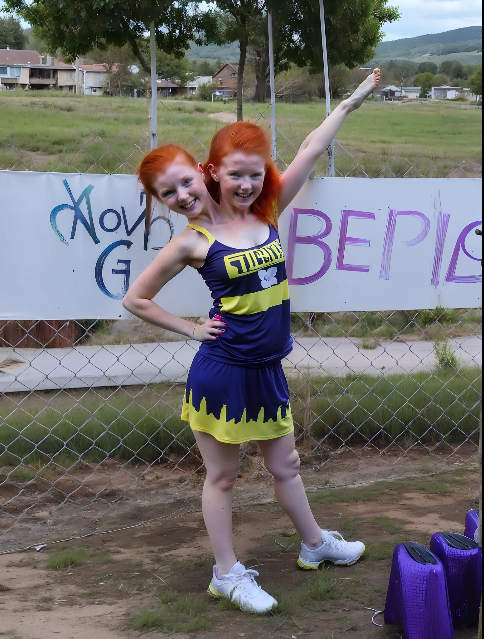 2heads, (two headed girl:1.5), (young teen:1.5), (female:1.5), (redhead:1.5), (two heads attached to one body:1.4), conjoined twins, heads side by side, one body, young, uncomfortable, barefoot