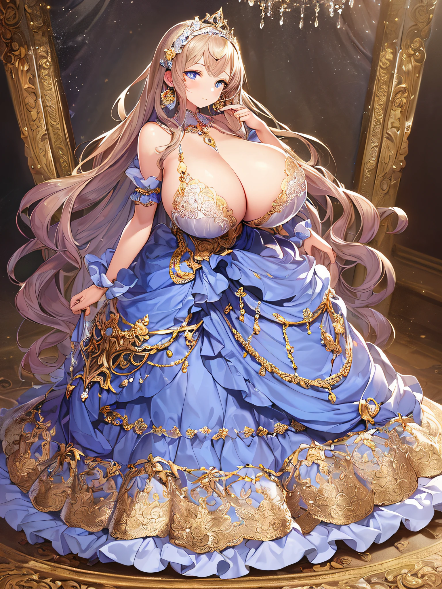 ((anime artstyle)),(Masterpiece),(Best Quality), (Super Detail),((Very Delicate and Beautiful)),((Solo)),((full body)),((1 princess in gorgeousfull rococo dress)),detailed face and eyes,jewel-like eyes,((voluminous Very Long Straight Hair)),((gigantic tits,Long tits)),curvy,skindentation,((gorgeousfull embroidery and lace)),gorgeous corsage,See-through,gorgeousfull hair ornament,gorgeousfull glitter jeweled tiara,ornate ruffles,((full body)),((hoop skirt,crinoline)),Dynamic Angle,Looking at viewer,(((gorgeous embroidery gorgeousfull rococo dress)),full body