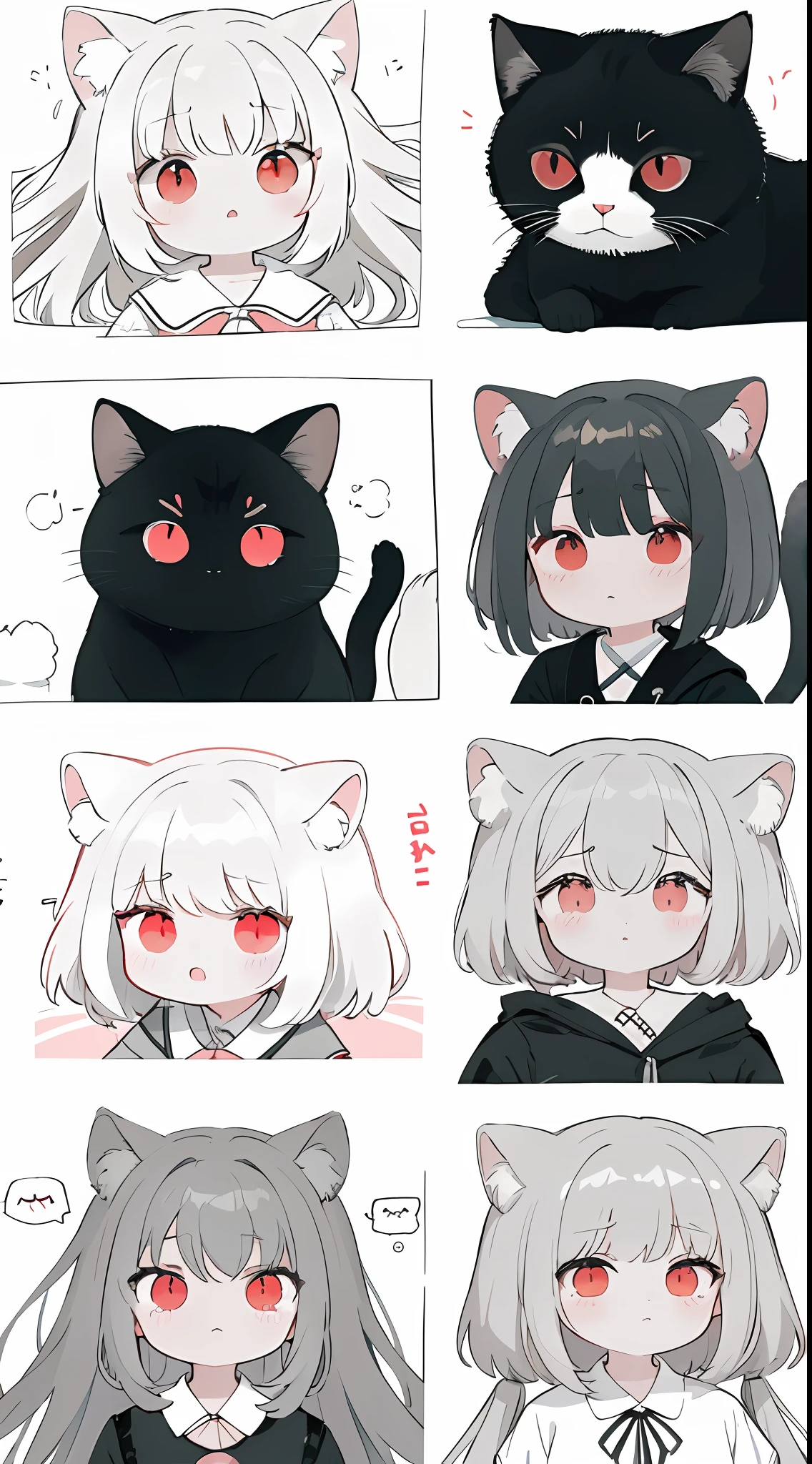 monochrome color, red art, gray scale、​masterpiece、top-quality、Top image quality、straight haired、Cats、Hanging eyes、kawaii、crying how bright、suprised、校服、the wind