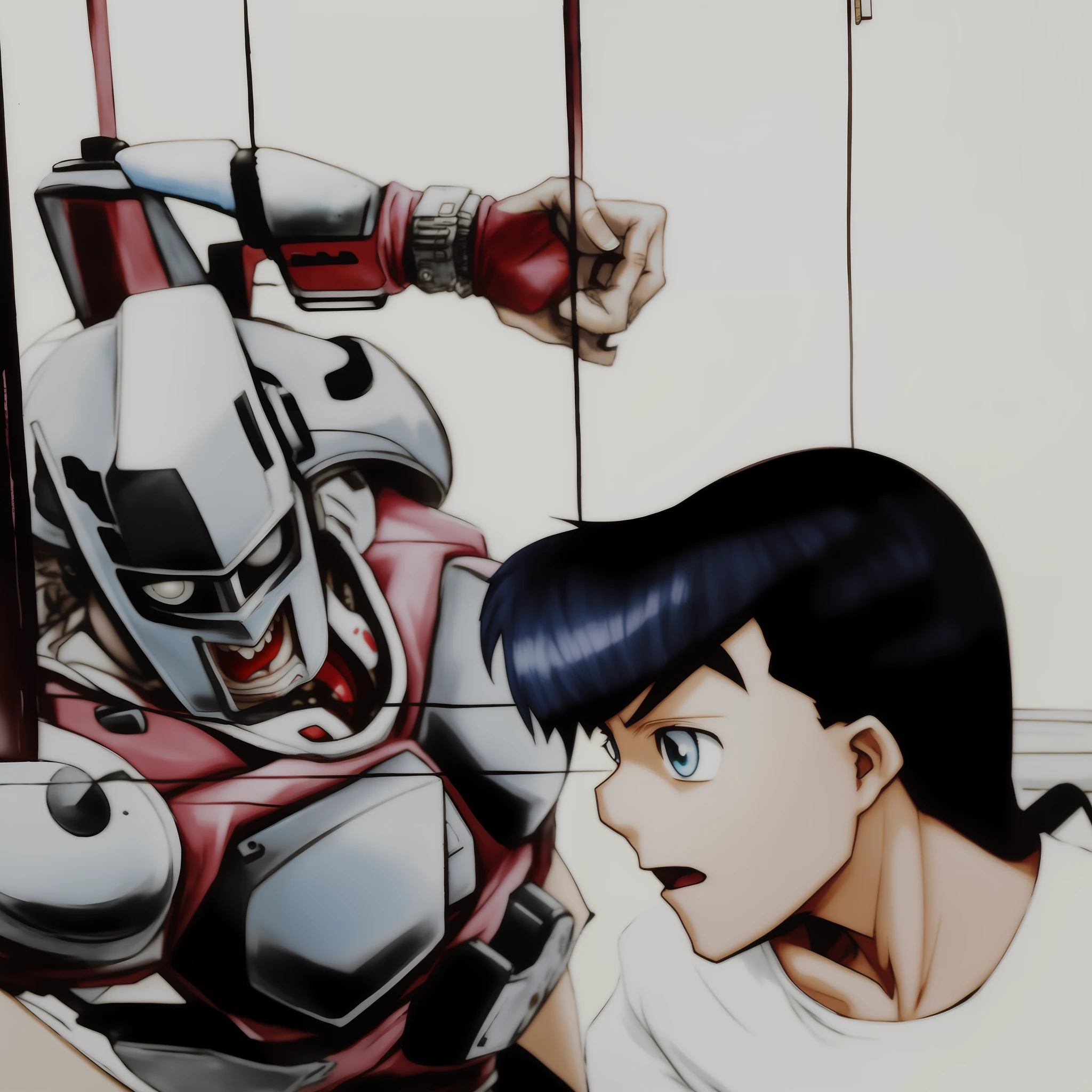 There was a woman sitting at the table,Carrying a plate of food, tony sart and an anime artist, 9 0 s anime art style, akira artstyle, 8 0 s anime art style, Anime style mixed with Fujifilm, an retro anime image, akira art style, 1980's anime style, tetsuo from akira, manga painting, cel shaded anime