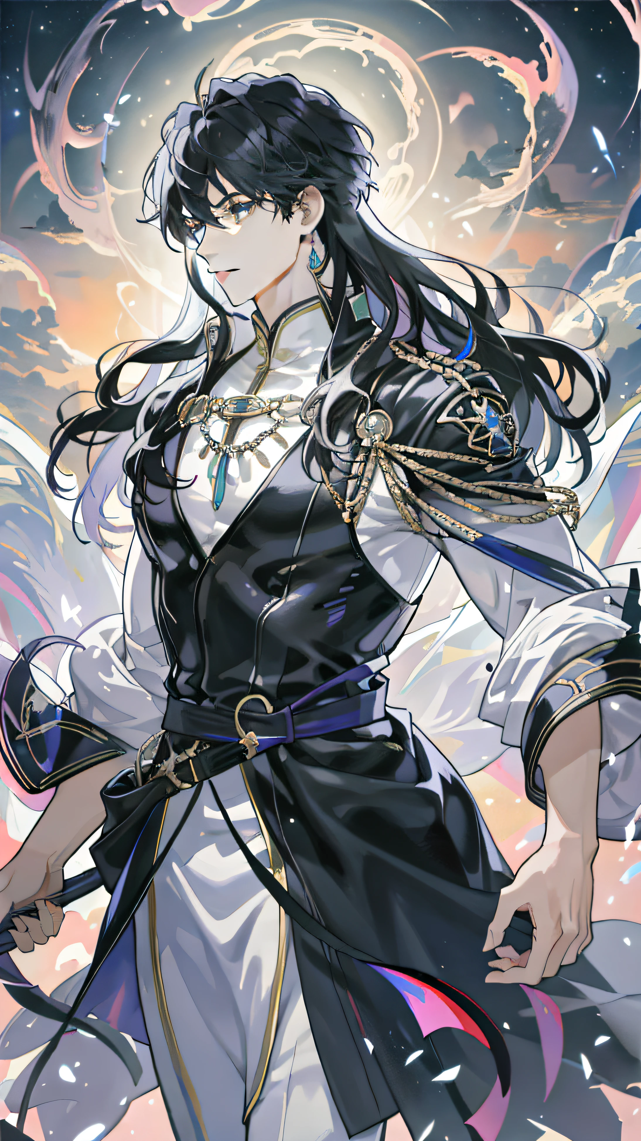 tmasterpiece、Need、1male people、AS-Adult、A MILF、Tall muscular man、dark themes、Magic Array、Buble、rainbow Sunlight、floating piece of Glass、Rainbow light、Bubble Swirling、Wind swirl、extreme light、Fantastic landscape, Starlight around the character, (The upper part of the body)