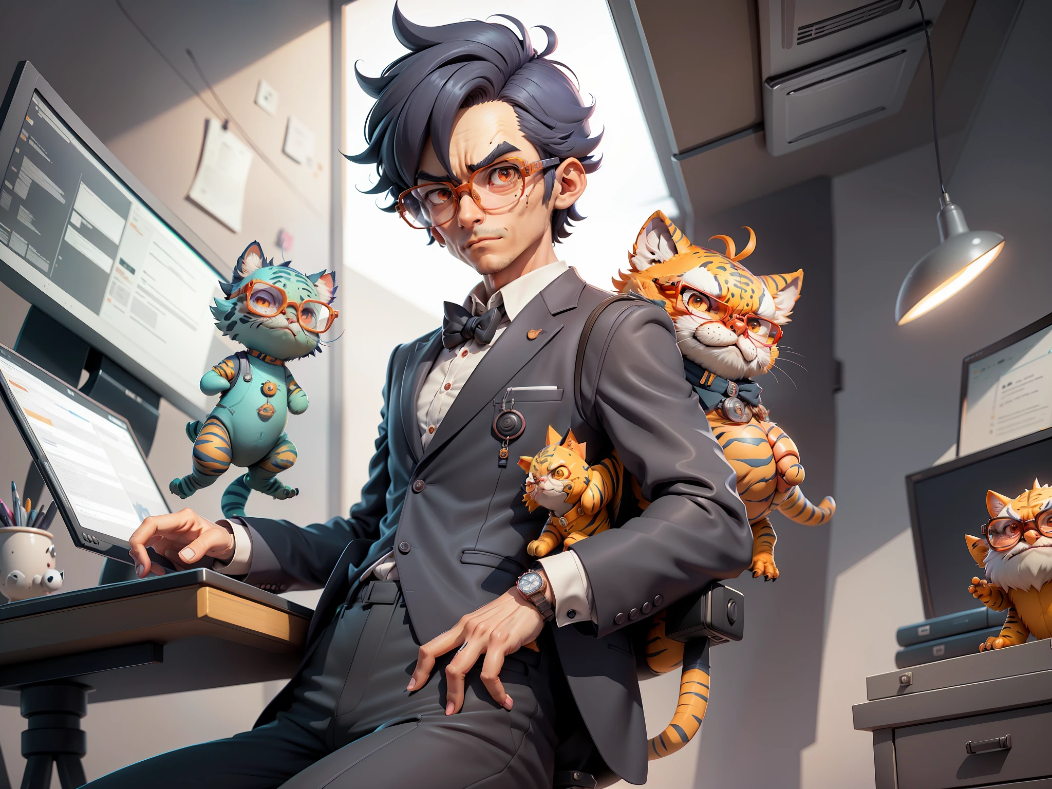 A young man in a suit and pants, Short hair and glasses sat at his desk,holding laptop,digitial painting,tigre,3D character design by Mark Clairen and Pixar and Hayao Miyazaki and Akira Toriyama,4K HD illustration,Very detailed facial features and cartoon-style visuals。