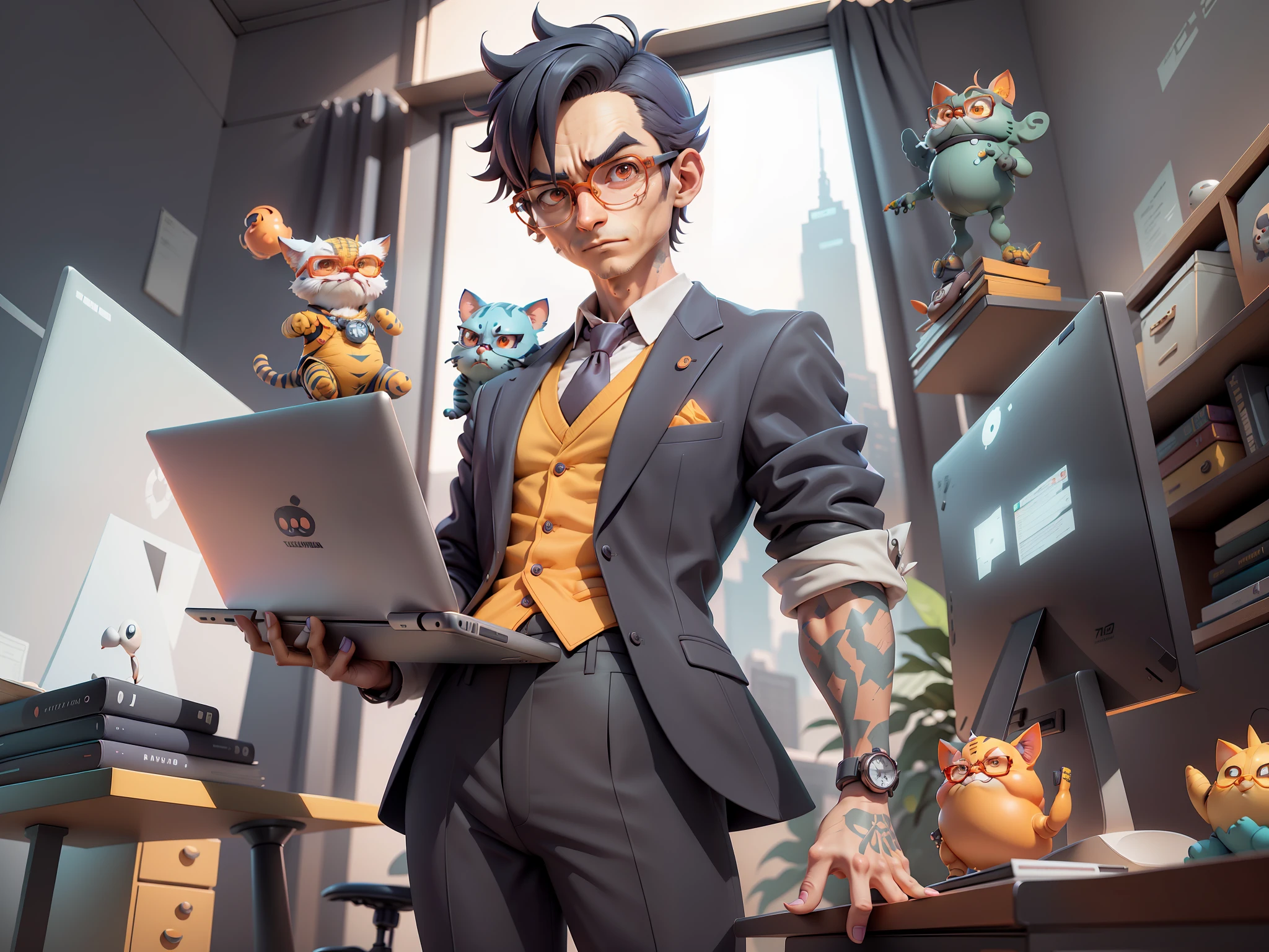 A young man in a suit and pants, Short hair and glasses sat at his desk,holding laptop,digitial painting,tigre,3D character design by Mark Clairen and Pixar and Hayao Miyazaki and Akira Toriyama,4K HD illustration,Very detailed facial features and cartoon-style visuals。