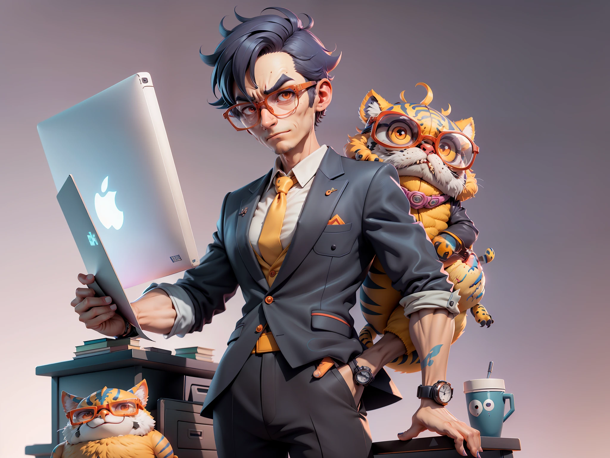 A young man in a suit and pants, Short hair and glasses sat at his desk,holding laptop,digitial painting,tigre,3D character design by Mark Clairen and Pixar and Hayao Miyazaki and Akira Toriyama,4K HD illustration,Very detailed facial features and cartoon-style visuals。