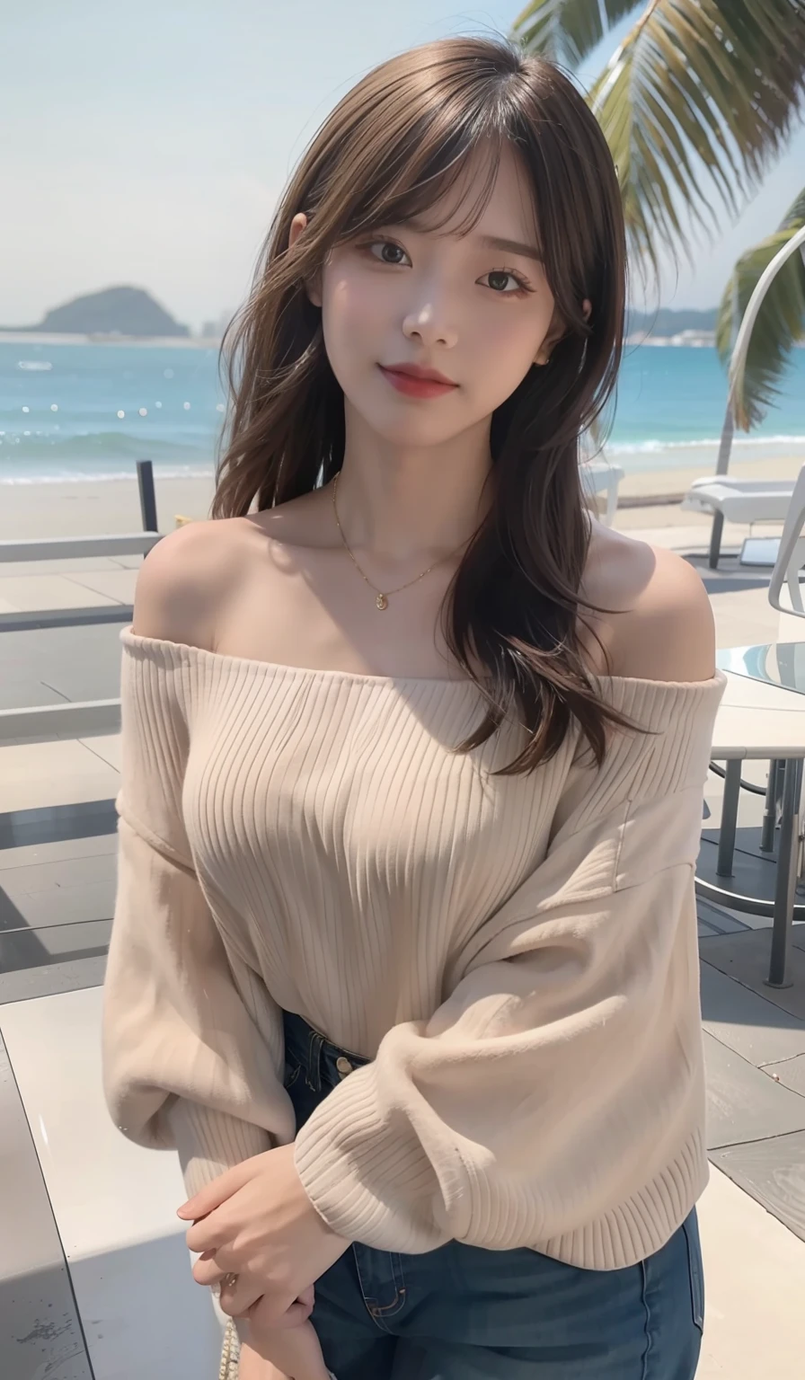 Wearing fashionable off-the-shoulder clothes