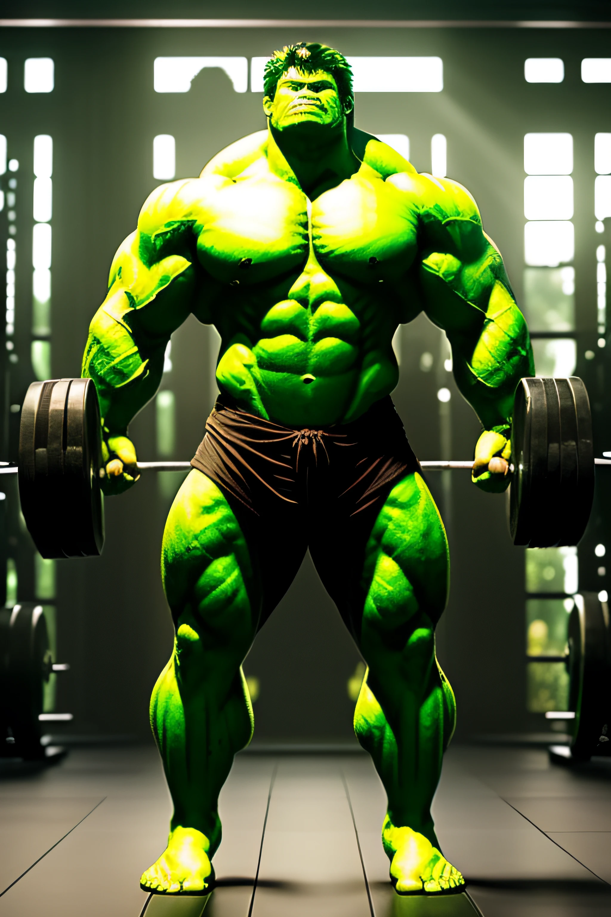 ((The Incredible Green Hulk 2008 film)), ((Green body)). ((lifting weights)), Superhero, Weightlifting Gym, Bodybuilding Gym, Daytime, Weighing Machines, Dramatic Lighting, Intricate Details, Masterpiece, Best Quality, Realistic, Very High Quality, (Soft Diffuse Light), Dramatic Lighting, highly detailed photo, Symmetrical, Unreal 5, hyperrealistic, dynamic lighting, Fantasy Art