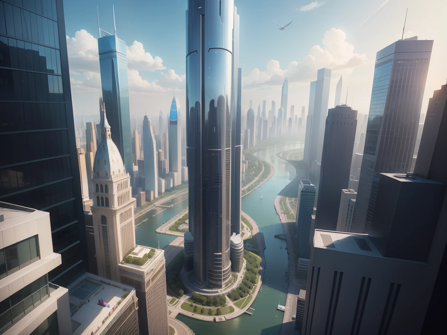 The confluence of two rivers,Numerous buildings,Super tall building,flying cars,City protective cover,standing on top of the building