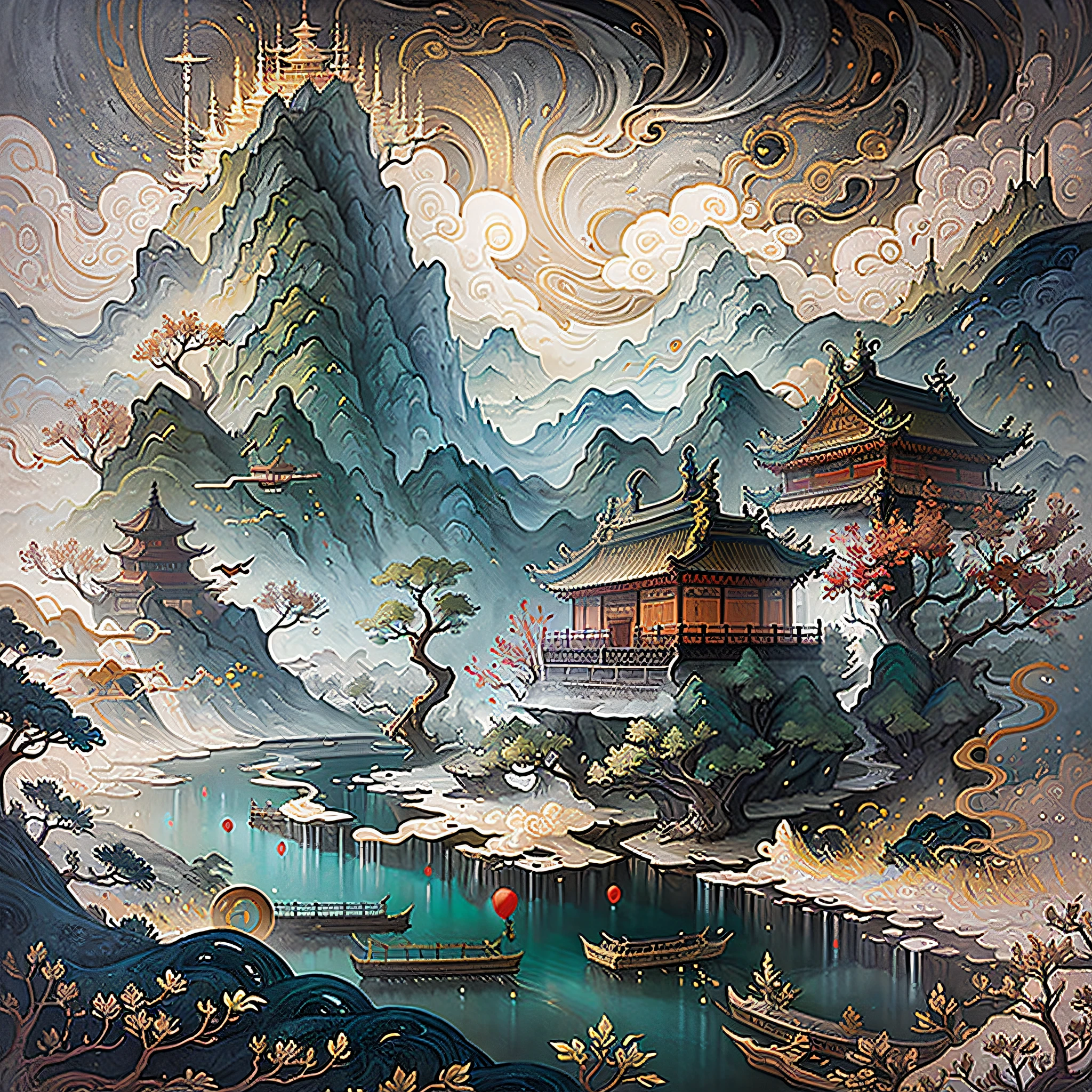 An ancient Chinese painting, ancient Chinese background, mountains, rivers, auspicious clouds, pavilions, sunshine, masterpieces, super detail, epic composition, ultra HD, high quality, extremely detailed, official art, unified 8k wallpaper, Super detail, 32k -- v 6